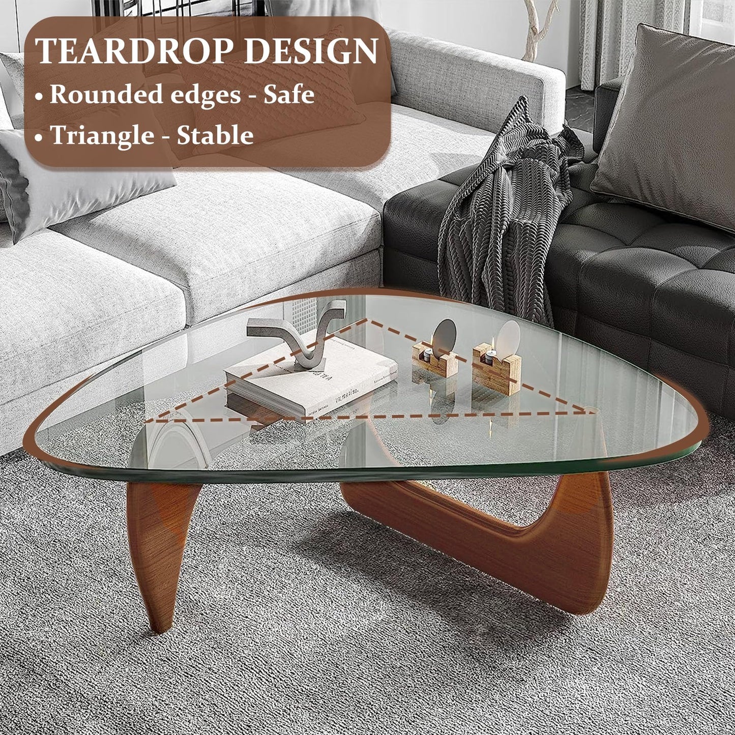 Modern Glass Coffee Table, 35.8" Small Center Table, Mid Century Tea Tables with Tempered Glass Top & Unique Solid Legs, for Office Small Space Living Room