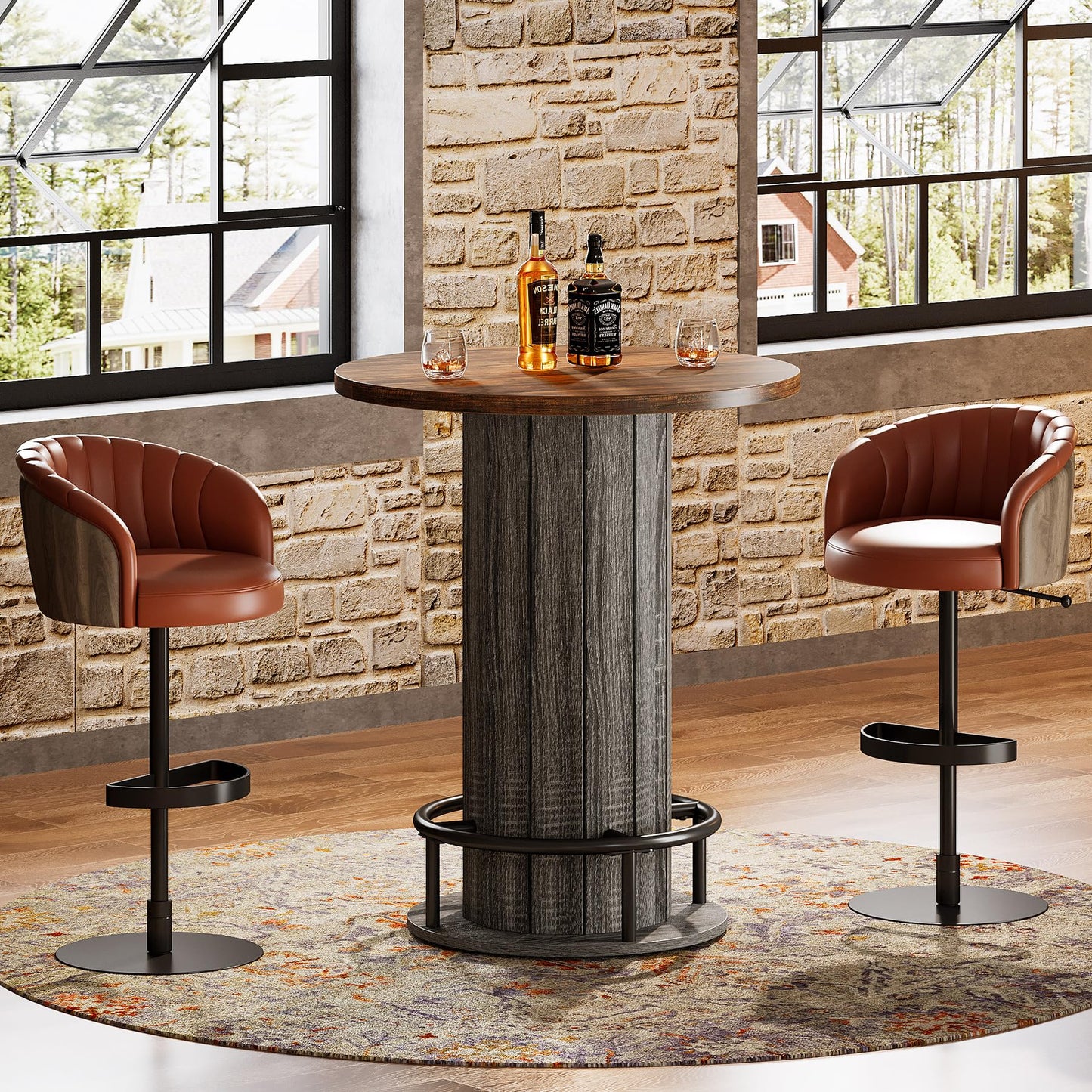 Tribesigns Round Bar Table, 39.4" H Wood Bistro Pub Table with Metal Ring Footrest for Dining Coffee Cocktail Living Room, Small Space, Brown & Gray (Only Table)