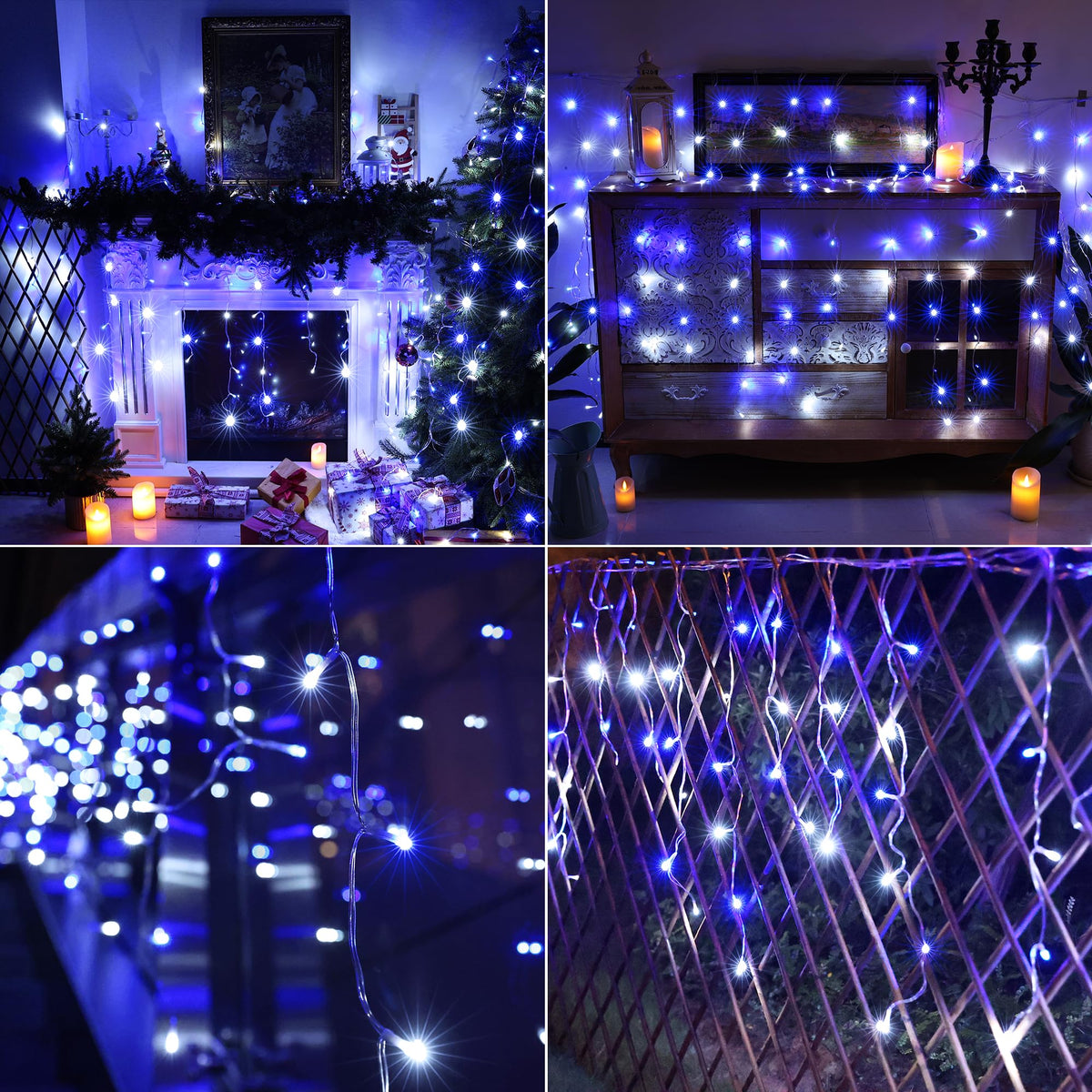 Joomer Christmas Icicle Lights - 33FT Plug in String Lights Waterproof, 8 Modes Timer Connectable Outdoor String Light for Christmas Party, Eaves, Roofs, Xmas Decorations (White+Blue)