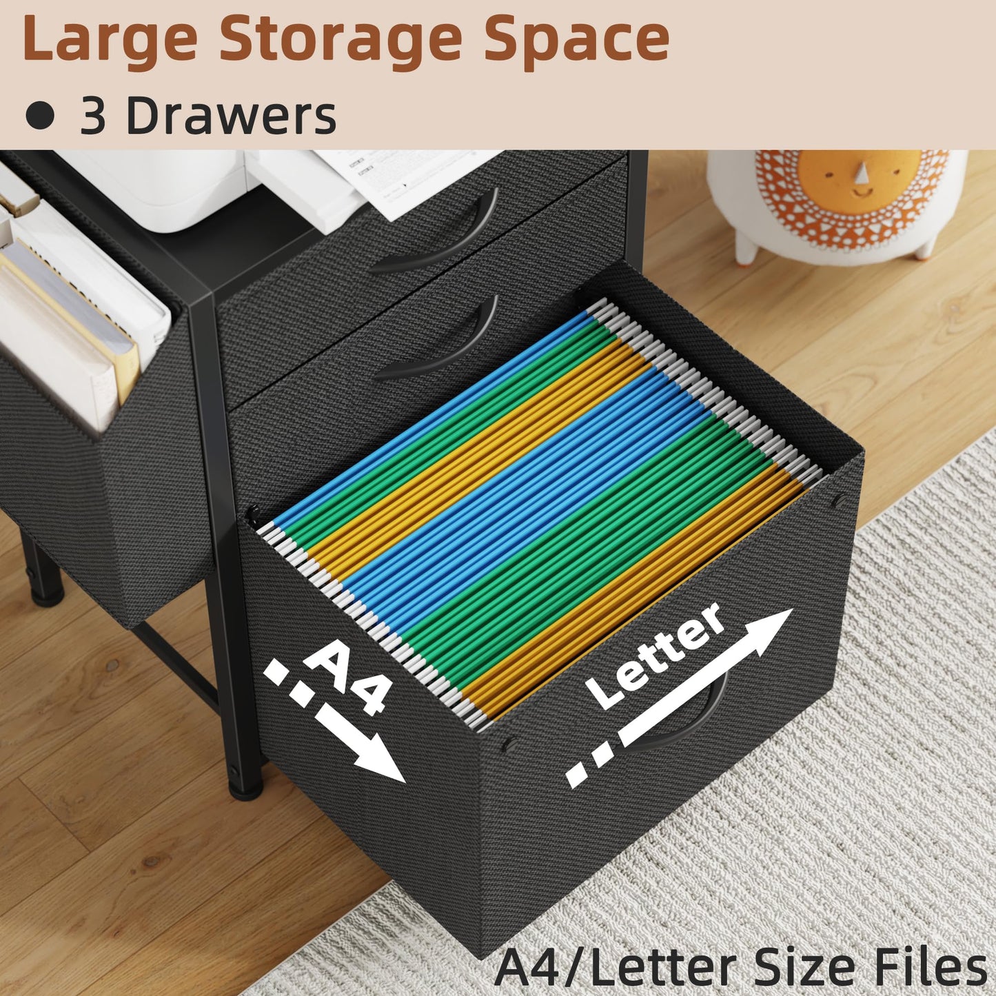 HIGDBFE 3 Drawer File Cabinet with Charging Station, 45''H & 3-Tier