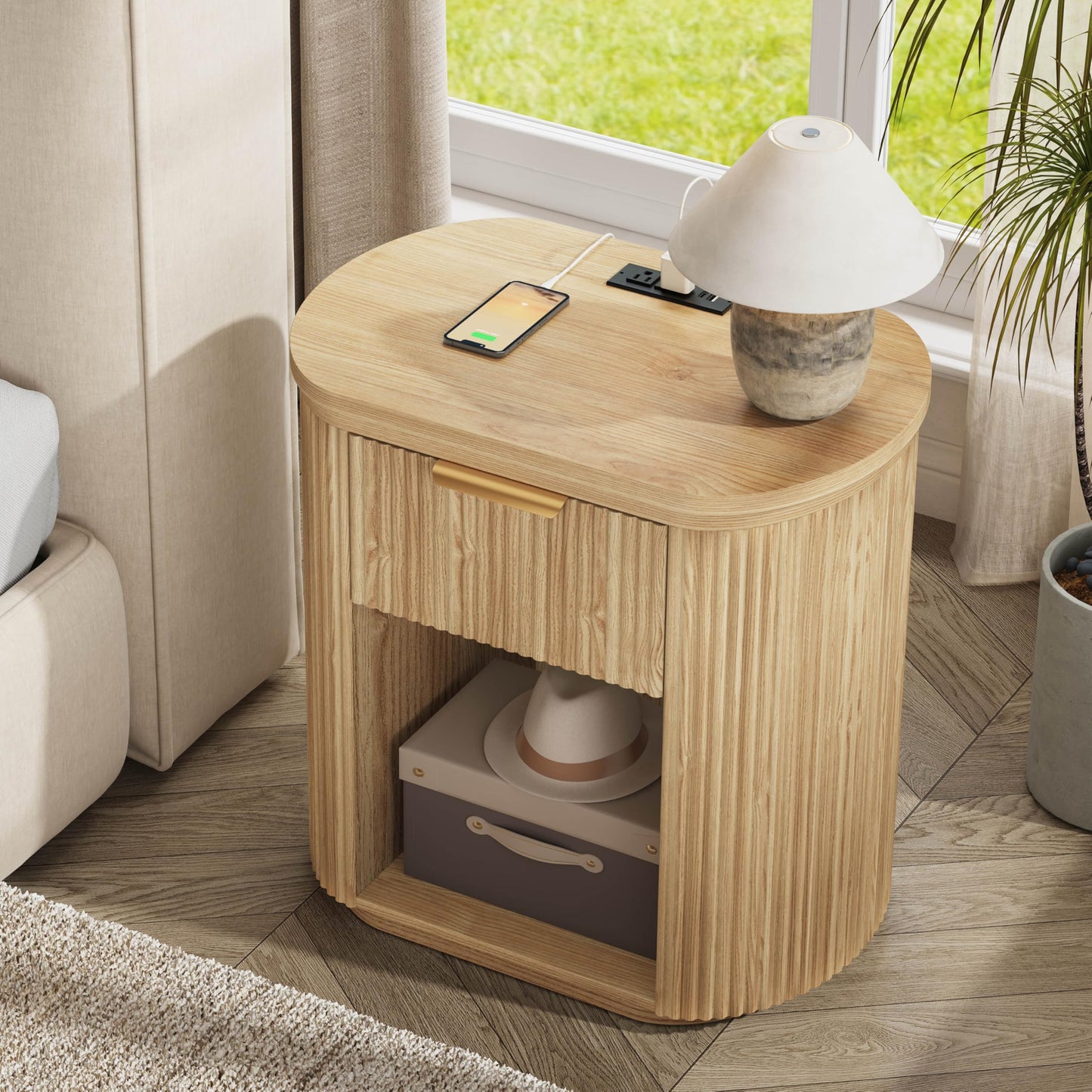 Fluted Nightstand with Charging Station, 23.6" Large Bedside Side Table with Drawer, Wood End Table with Storage, Curved Round Corner, Furniture Bedroom Sofa, Mid Century Modern, Farmhouse Boho,Oak