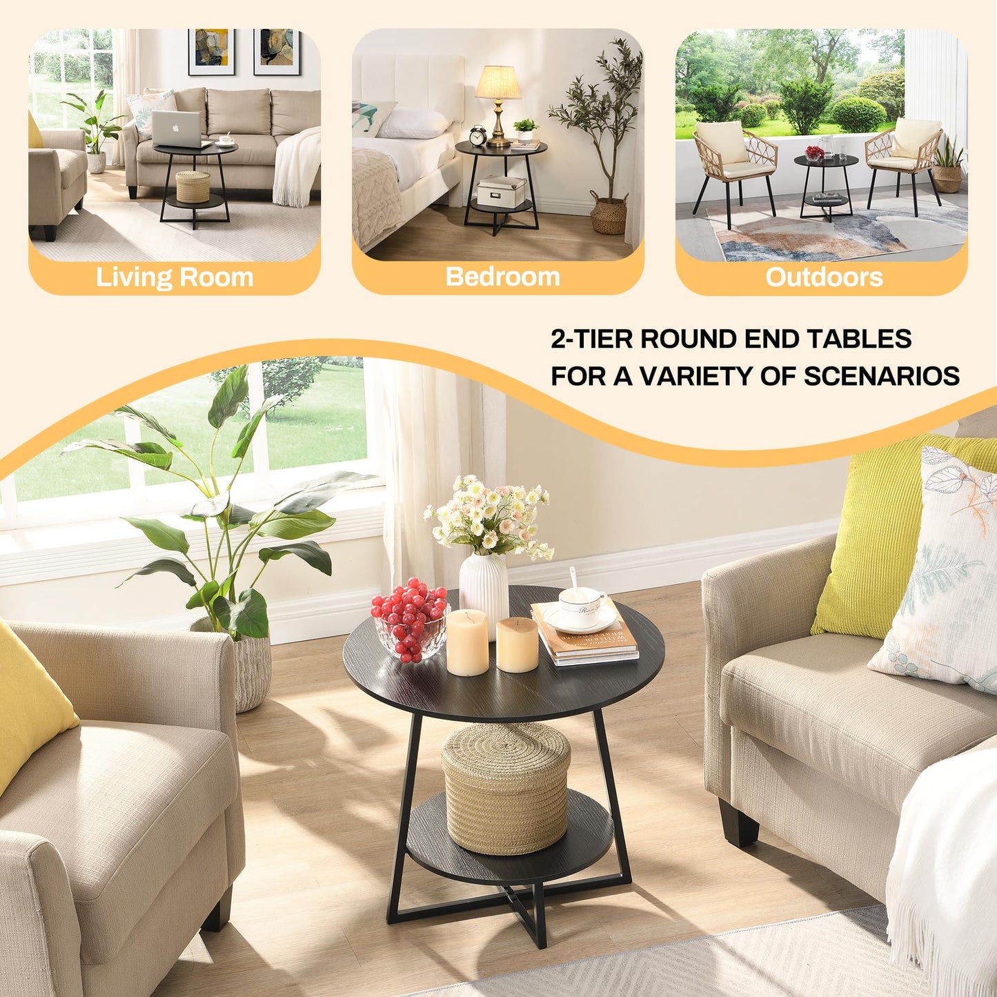 D&H FURNIMMT 20" Living Room Side Table Set of 2 for Small Spaces, 2 Tier Wood Top Round End Tables with Storage Shelf, Accent Sofa Table for Bedroom, Office, Sunroom, Balcony, Black