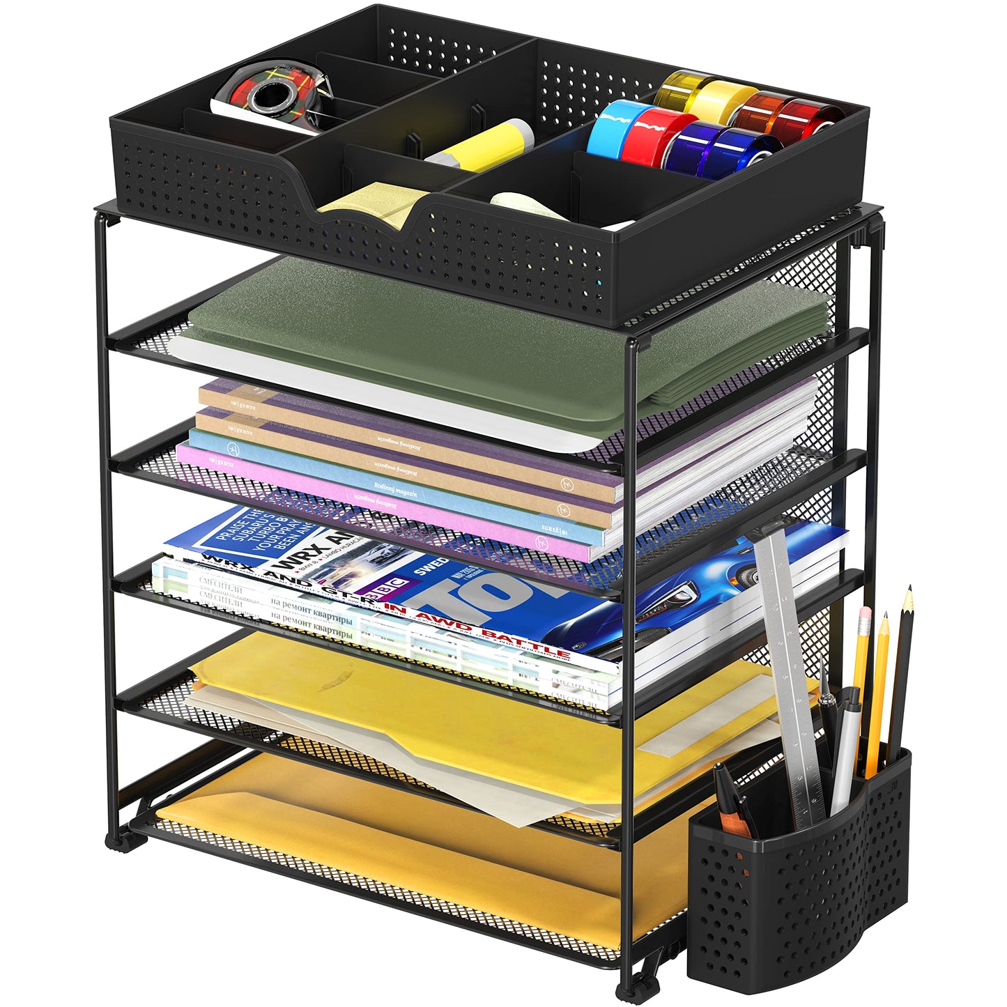 Simple Houseware 5-Tier Document File Tray with Sliding Drawer and Pen Bucket, Black