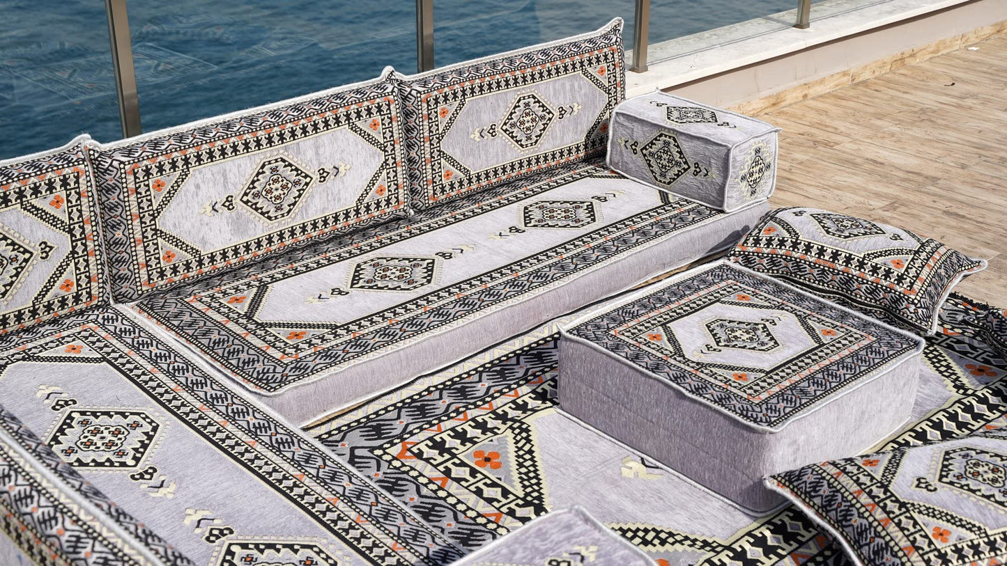 L Shaped Arabic Floor Cushions, Sectional Sofas, Arabic Majlis Set, Custom Made Sofa, Arabic Sofa Set, Seating Cushions (4'' Thickness Sofa, L Sofa Full Set, Gray)