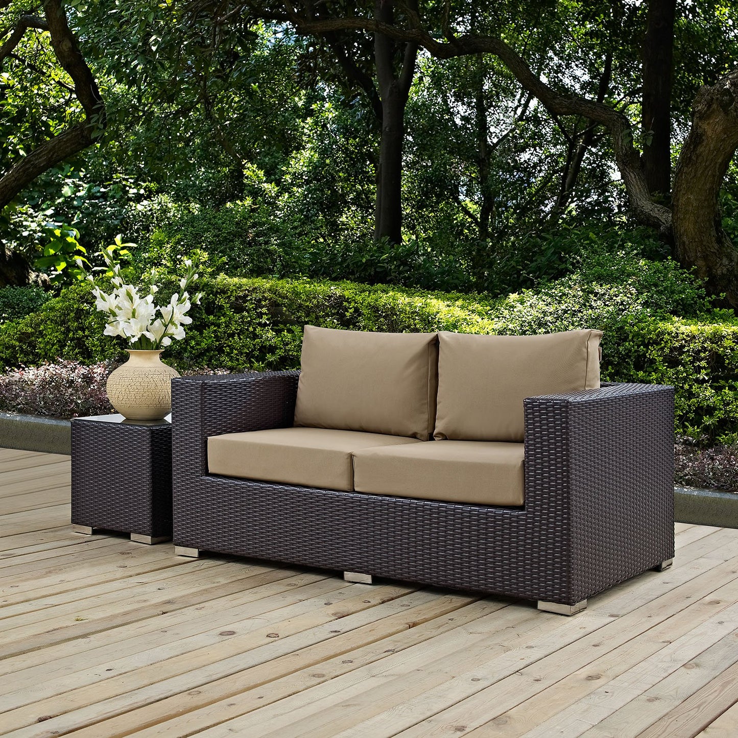 Modway Convene Wicker Rattan Outdoor Patio Loveseat in Espresso Mocha