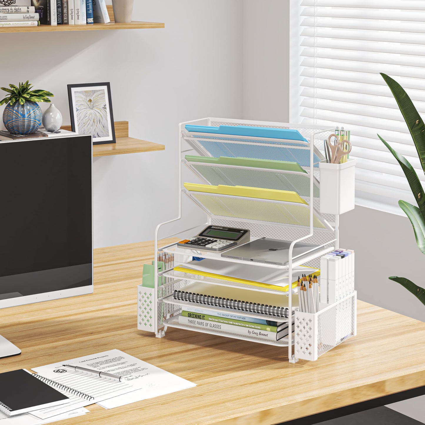 Simple Trending 7 Tier Desk File Organizer, Letter Tray Paper Organizer with Pen Holder and Metal Hanging Basket, White