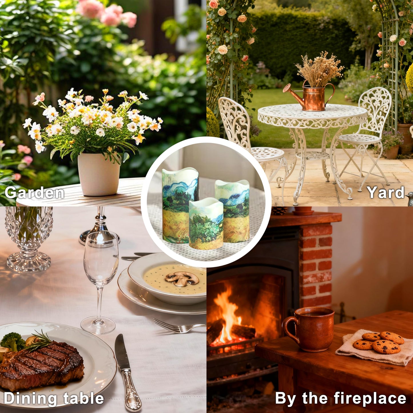NjaoHoo Flameless Candles 4" 5" 6" Set of 3 Indoor Outdoor Pillars Battery Operated Flickering Candles 10-Key Remote Timer Van Gogh Art Painting Style(Wheat Fields Printed)
