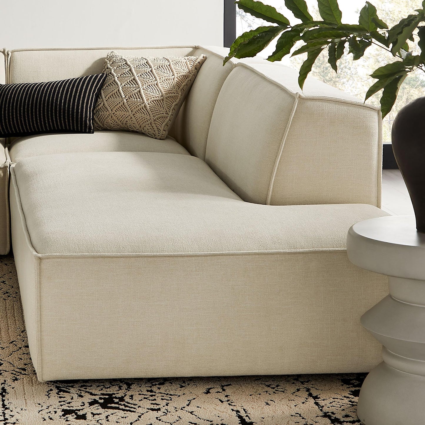 Modway Restore Performance Fabric Upholstered 4-Piece Modular L-Shaped Armless Sectional Sofa in Ecru – Low Profile Couch with Coil Seat Support and French Piping