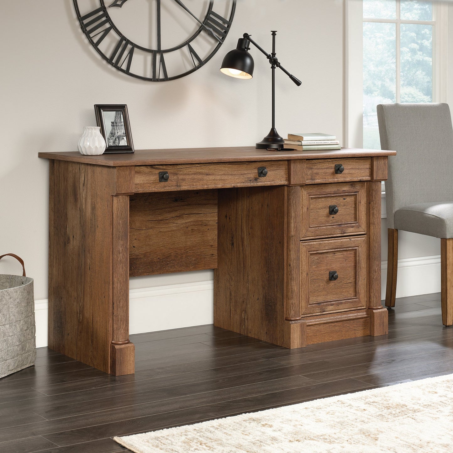 Sauder Palladia Library with Doors/Book Shelf Palladia Computer Desk, Vintage Oak Finish