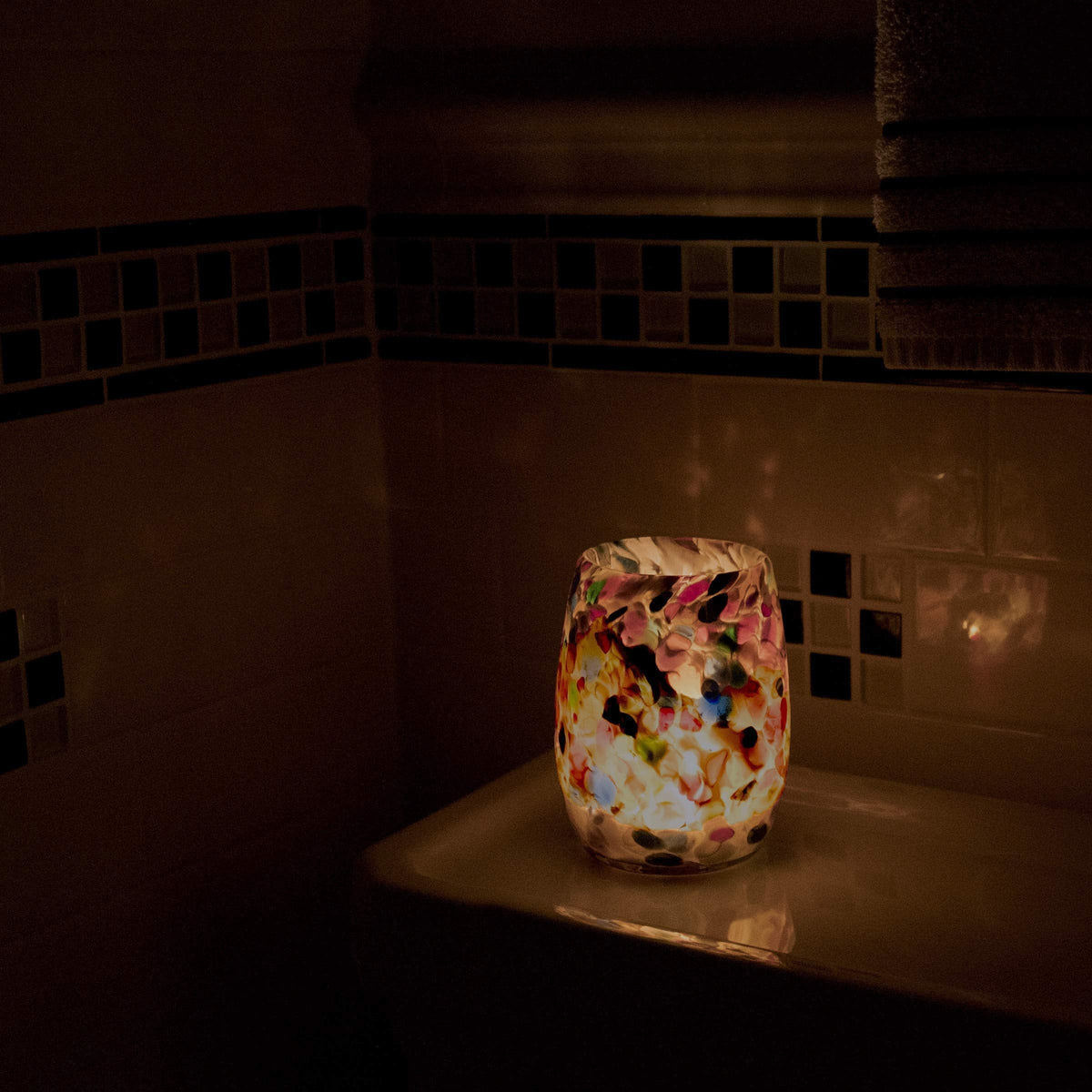 Totally Blown Glassworks Votive Candle Holder, Tea-Light, Handmade Blown Glass, Accent Vase, Centerpiece, Home Decor, Artist Dehanna Jones, Seattle, WA. (Tan MM Jewels in the Sand)