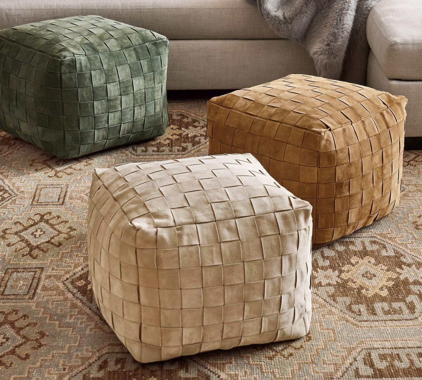 Luxury Handcrafted Suede Basketweave Pouf Ottoman – Soft & Durable Floor Cushion, Footrest, and Accent Seating for Living Room, Bedroom, & Office – Stylish Modern Home Décor (Hunter, 18" x 18" x 14")