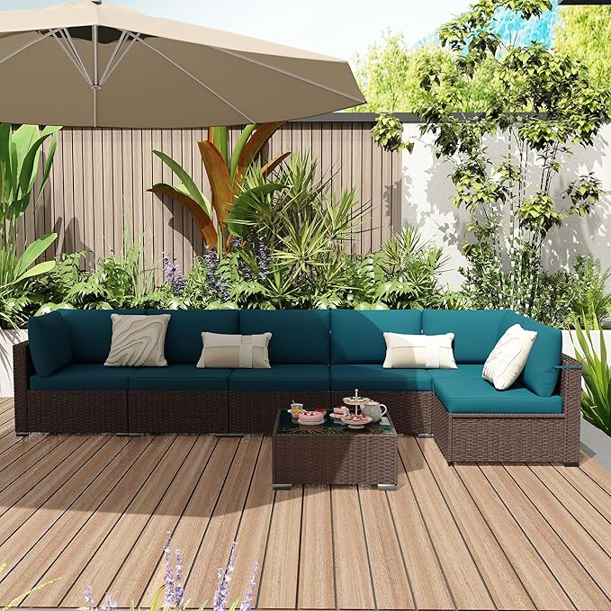 KIGOTY Patio Furniture Set, 7 Pieces Modular Outdoor Sectional Sofa, PE Rattan