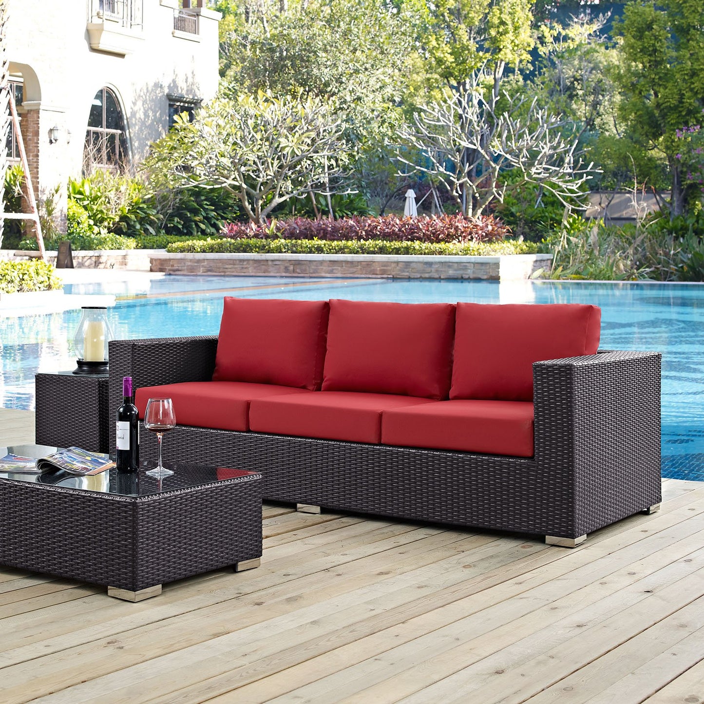Modway Convene Wicker Rattan Outdoor Patio Sofa with Cushions in Espresso Red