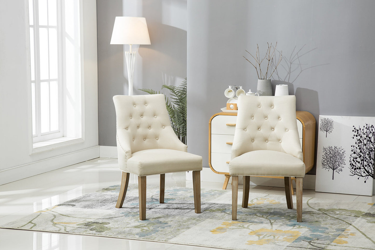 Roundhill Furniture Button Tufted Solid Wood Wingback Hostess Chairs with Nail Heads, Set of 2, Tan, White, "Tan, 24D x 22W x 39H in