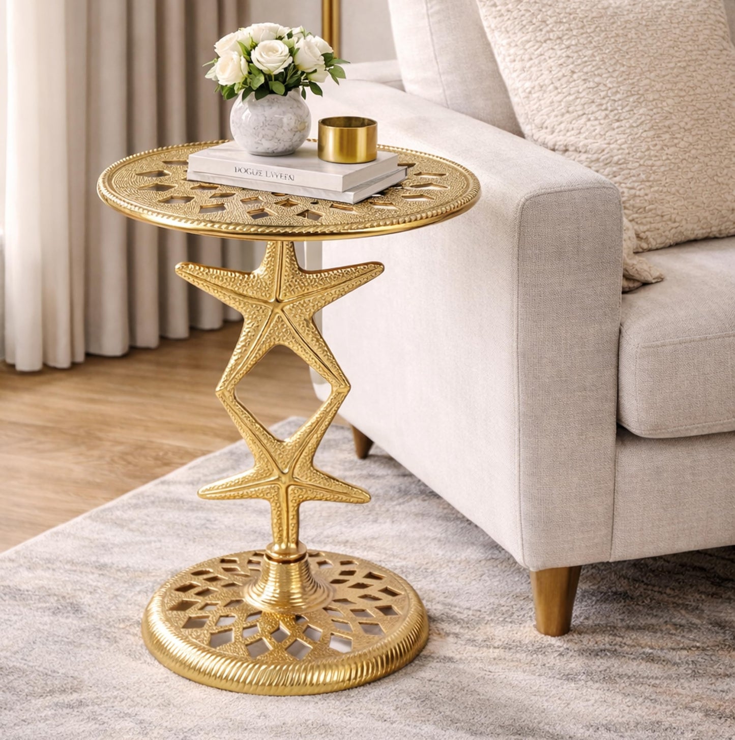 Round End Table with Metal Base for Living Room & Bedroom | Modern Side Table for Home, Office, Indoor & Outdoor Use | Pedestal Accent End Table, Gold, 15 x 19 Inch