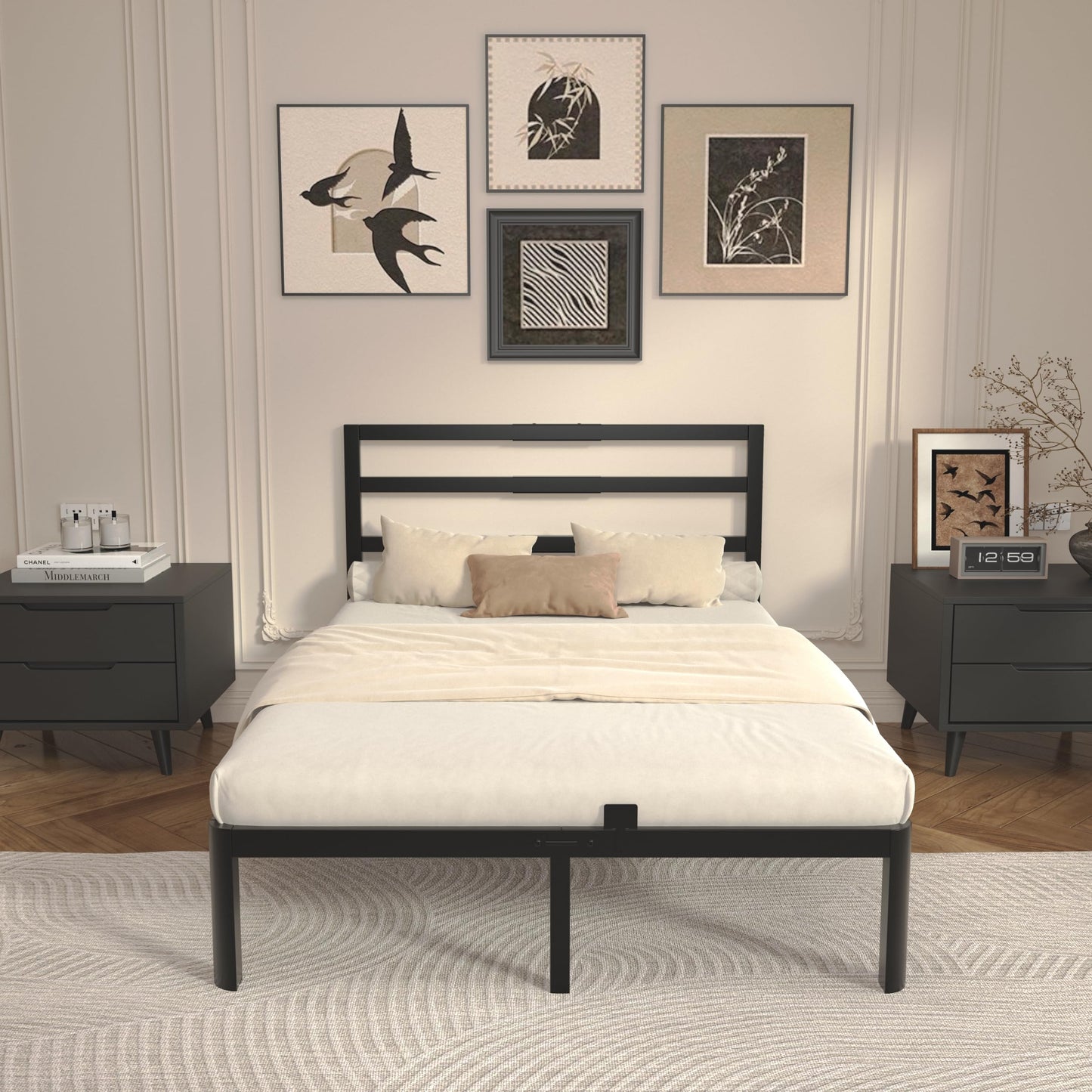 ZKQ 14 Inch Full Bed Frame with Headboard, Black Metal Full Size Bed Frame, No Box Spring Need, Anti-Slip Gaskets, Noise-Free, Heavy Duty Steel Platform Support, Easy Assembly