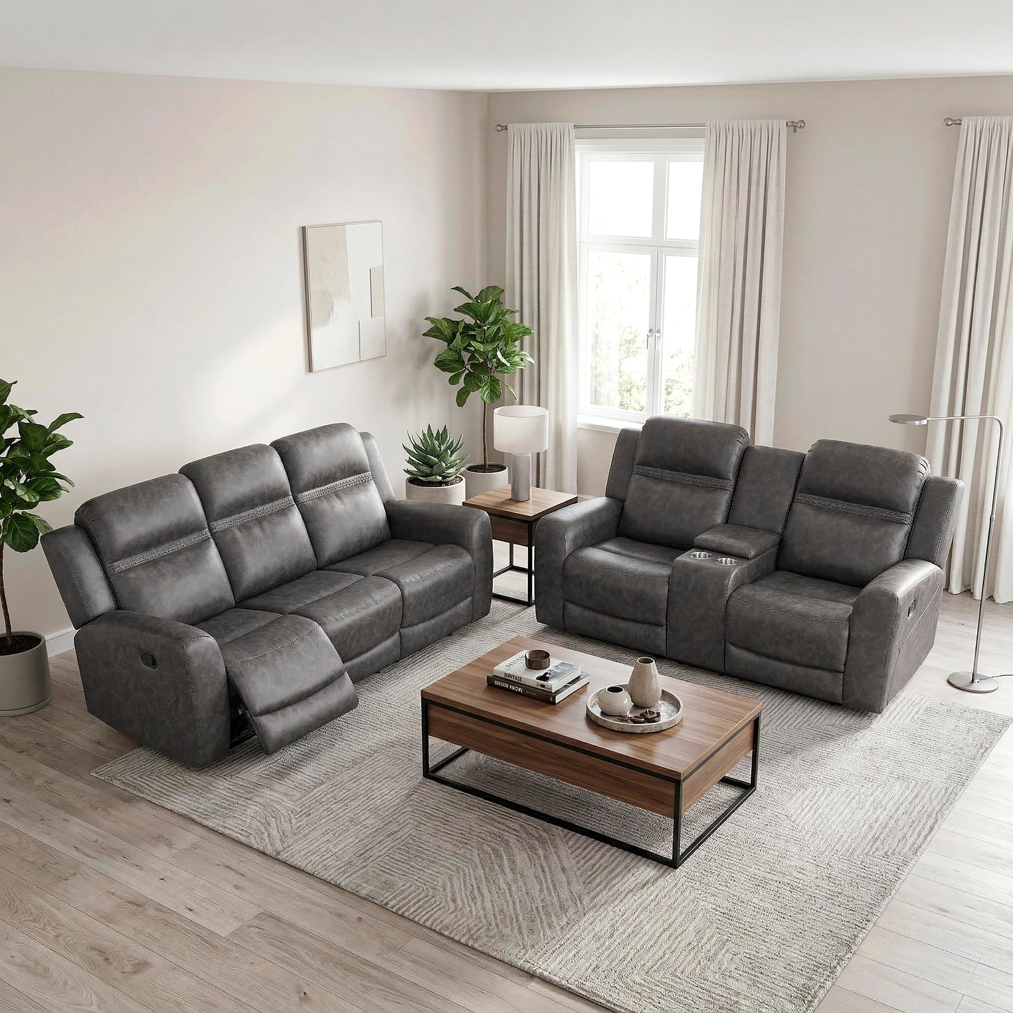 Lexicon 2 Piece Living Room Furniture Sets, Textured Microfiber Manual Tab Pull Reclining Sofa Set, Comfort Armrests, Wall Hugger Double Reclining Sofa, Loveseat, 2 Pieces, Charcoal