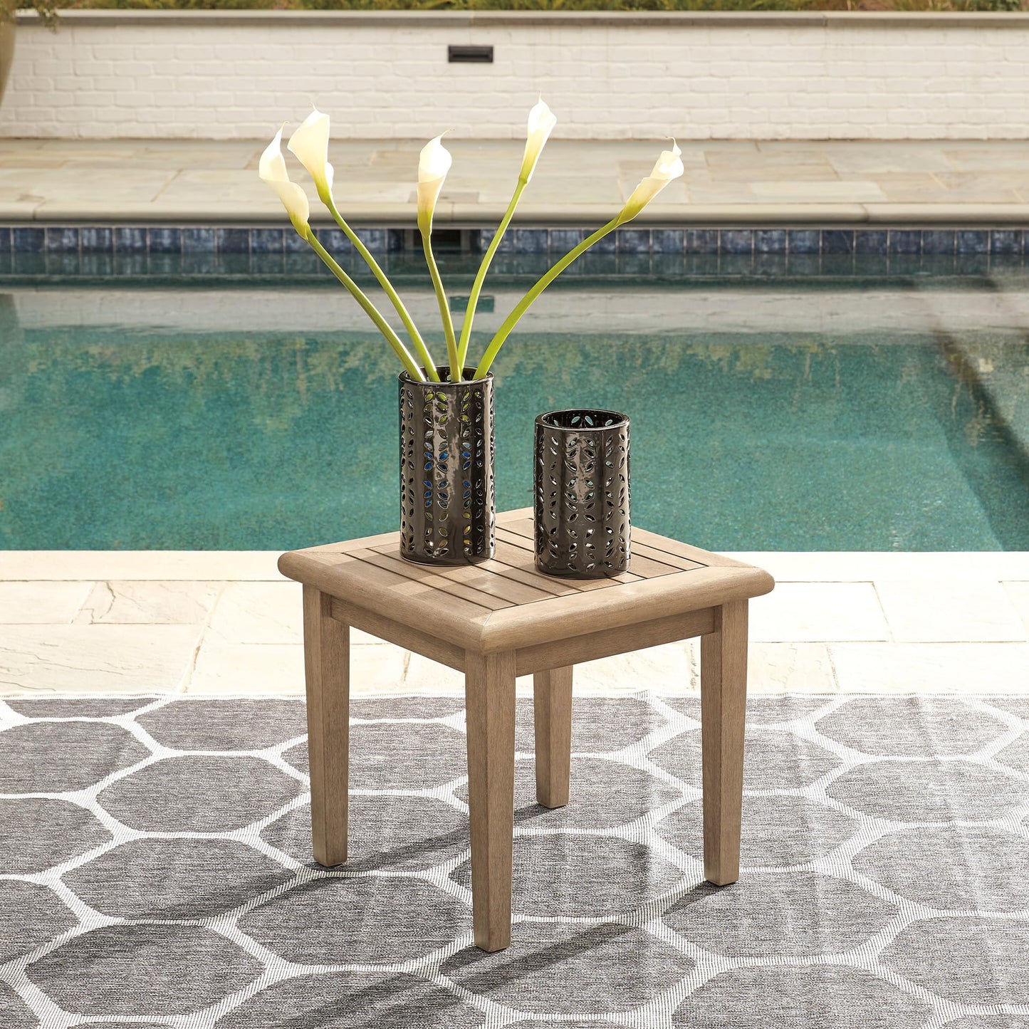 Signature Design by Ashley Gerianne Outdoor Square End Table with Slatting Styling and 5-Step Finishing Process, Eucalyptus Wood Frame, 22" High, Grayish Brown