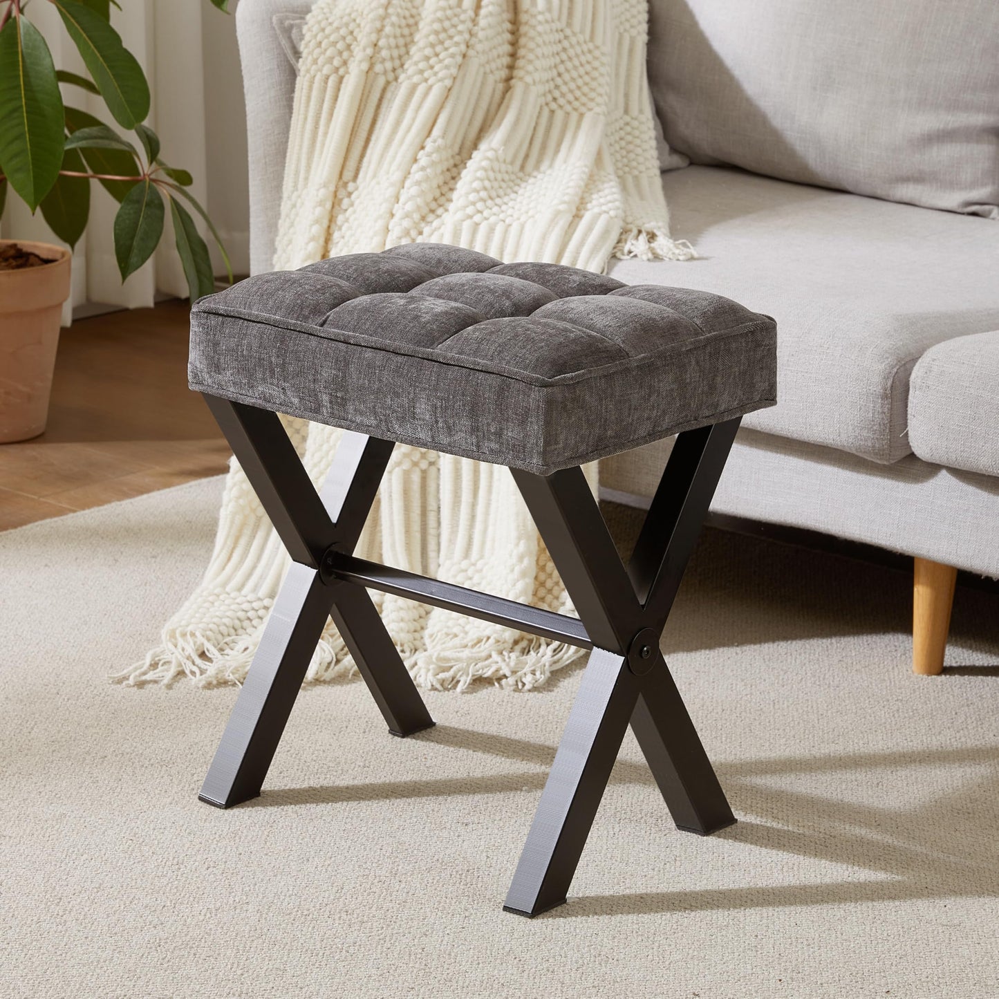 Royal Windsor Vanity Stool,Square Ottoman Stool Foot Rest,Upholstered Vanity Chair Foot Stool with Metal X Legs, Small Vanity seat for Entryway,Bedroom and Living Room,Linen Dark Grey
