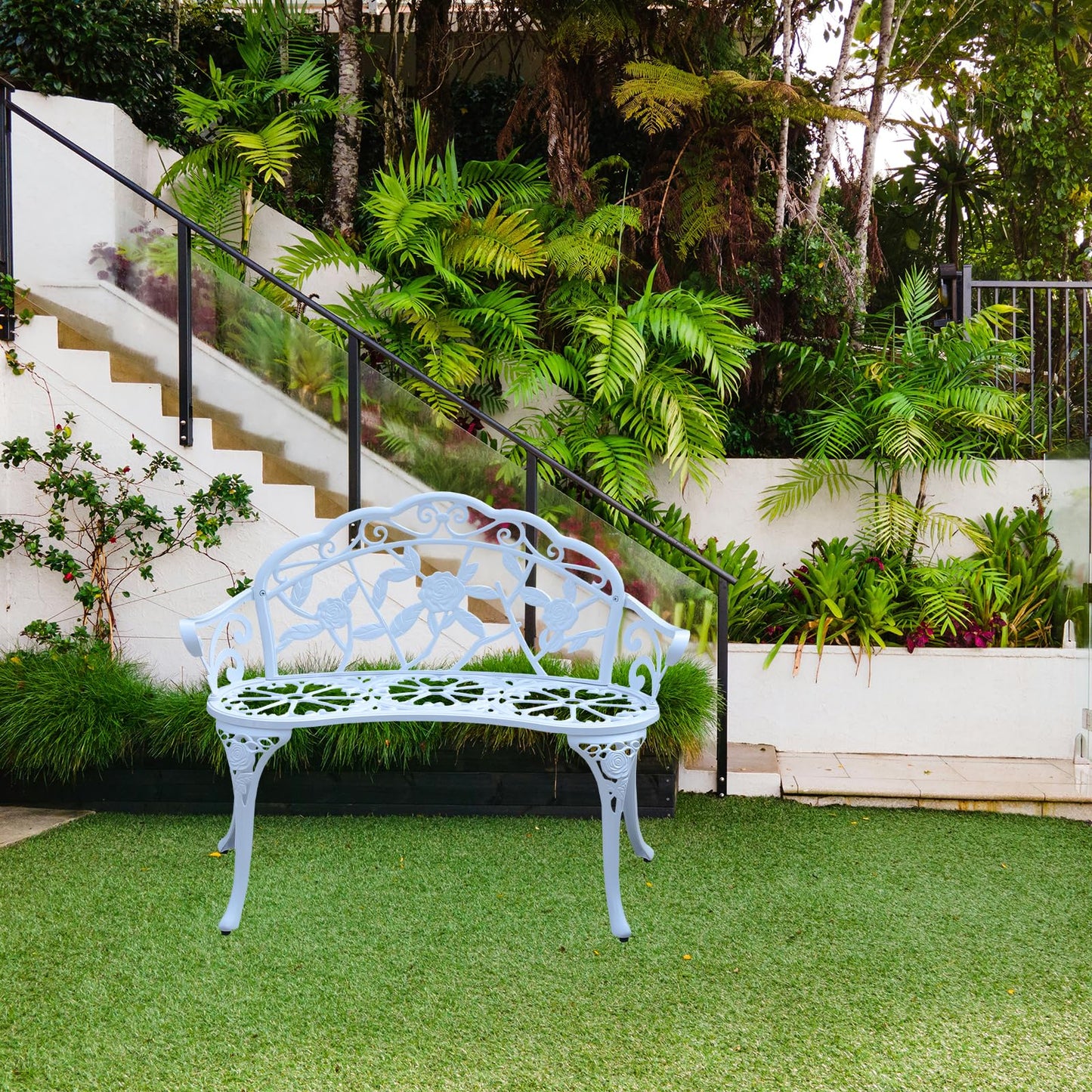 WILOUNGE Cast Aluminium Outdoor Bench, Rose Garden Bench for Patio,Park,Lawn,Yard (White)