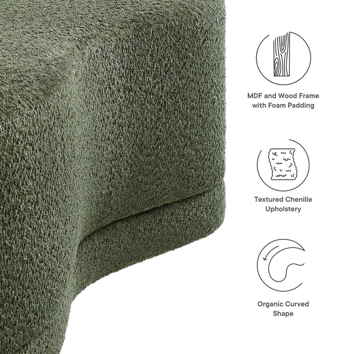 Modway Nimbus 48 Inch Curved Ottoman Bench in Sage - Soft Fabric Chenille Ottoman - Versatile Bedroom Bench - Bouclé Footstool - Upholstered Coffee Table - Bedroom and Living Room Furniture