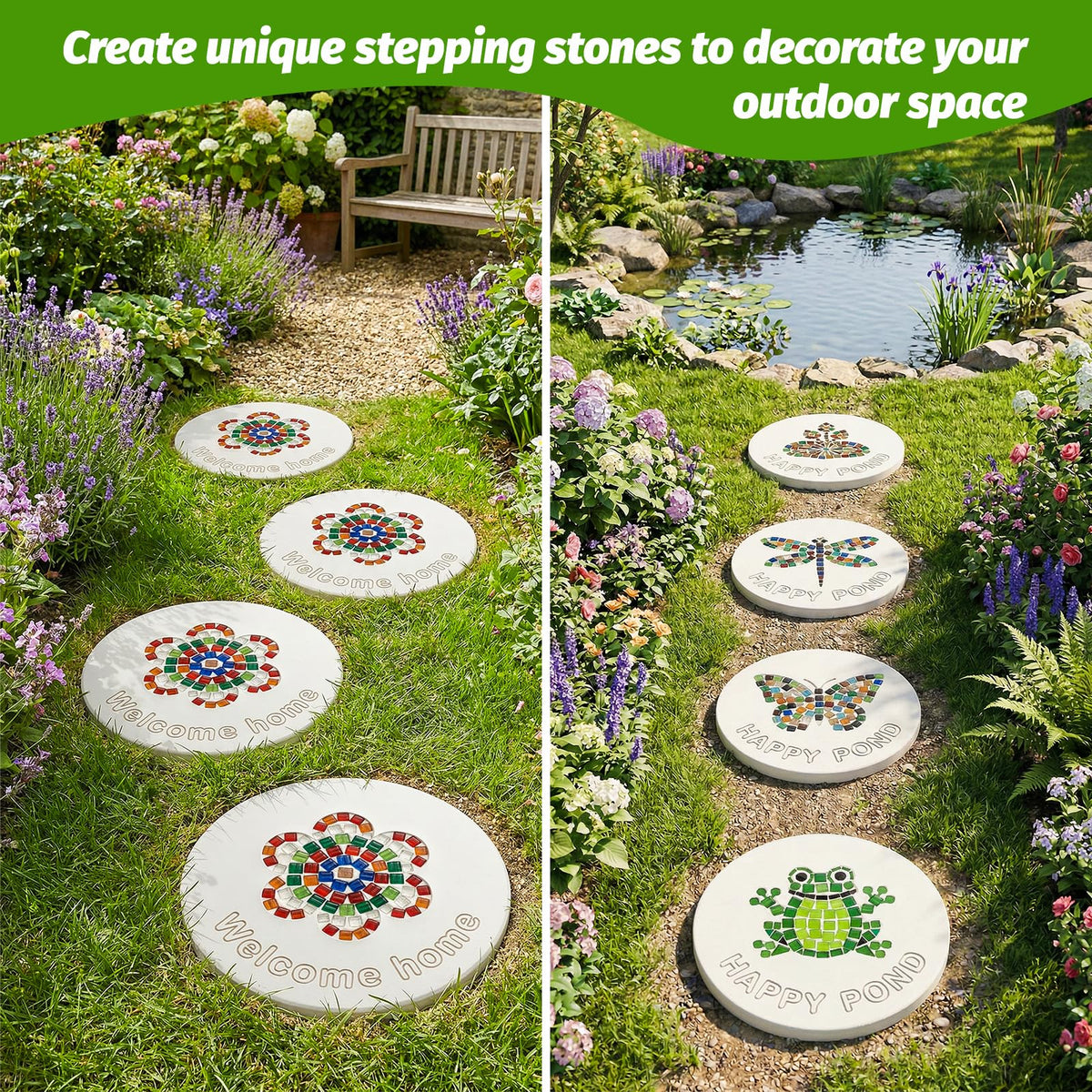 U0U 10PCS Stepping Stone Kit Includes Round Cement Molds, Mosaic Tiles and Carving Tools,DIY Garden Stepping Stone kit for Kids,Family,Outdoor Walkways Pavement Decoration (No Concrete Mix)