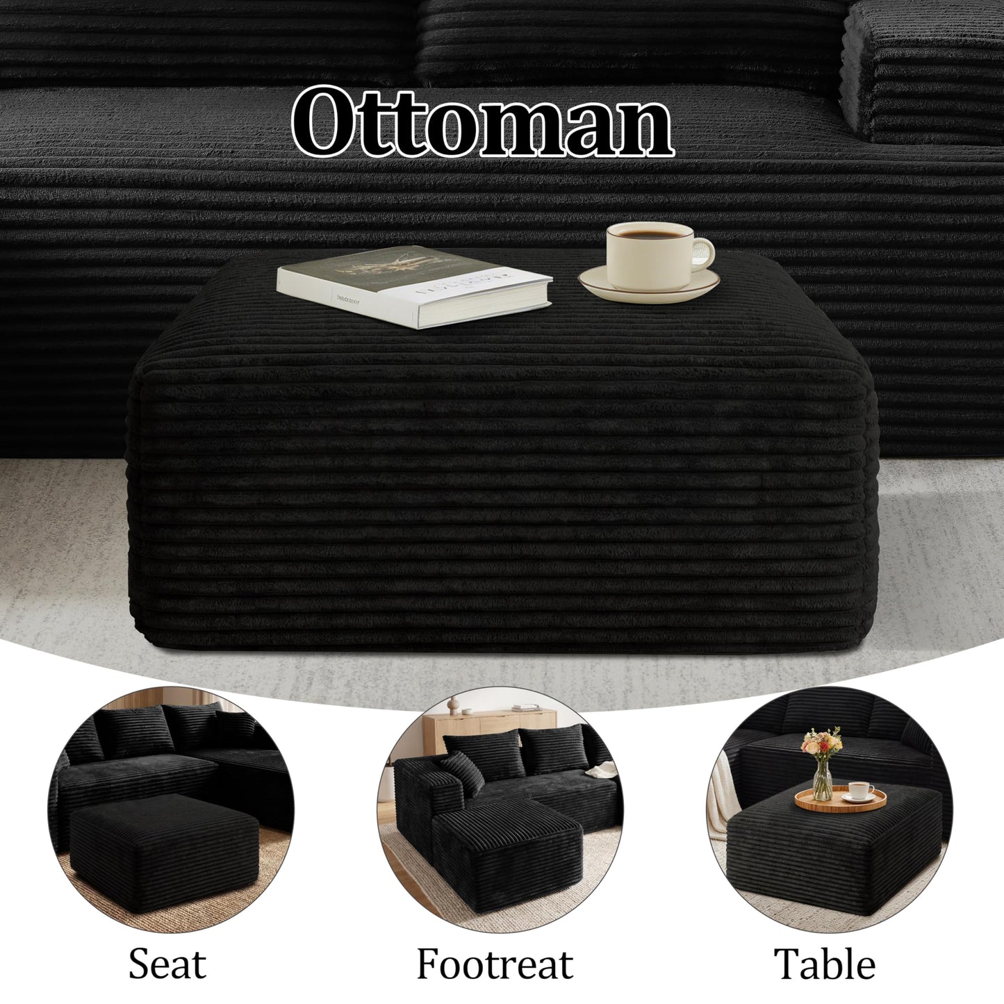 Corduroy Ottoman, Modern Boneless Cloud Foot Rest Foam Support, Oversized Modular Sectional Sofa Stool for Living Room, Bedroom & Small Spaces, No Assembly Required (Black, Ottoman)