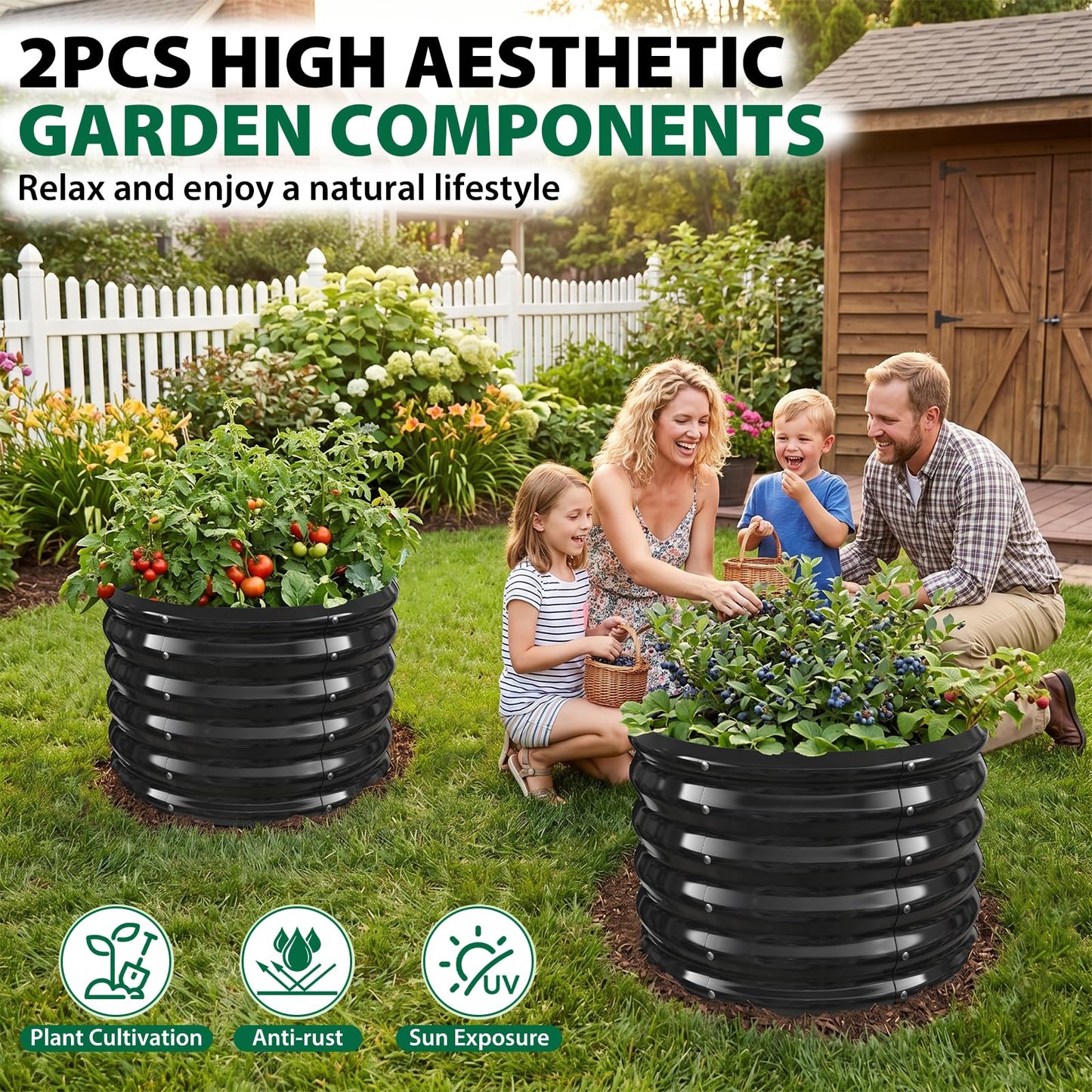 VAMFUTRE 24" Diameter Round Raised Garden Bed - 17 Inch Tall, Heavy-Duty Galvanized Steel Planter Box with Wave-Shaped Panels for Vegetables, Herbs & Flowers (2, Black, 24 Inch Diameter)