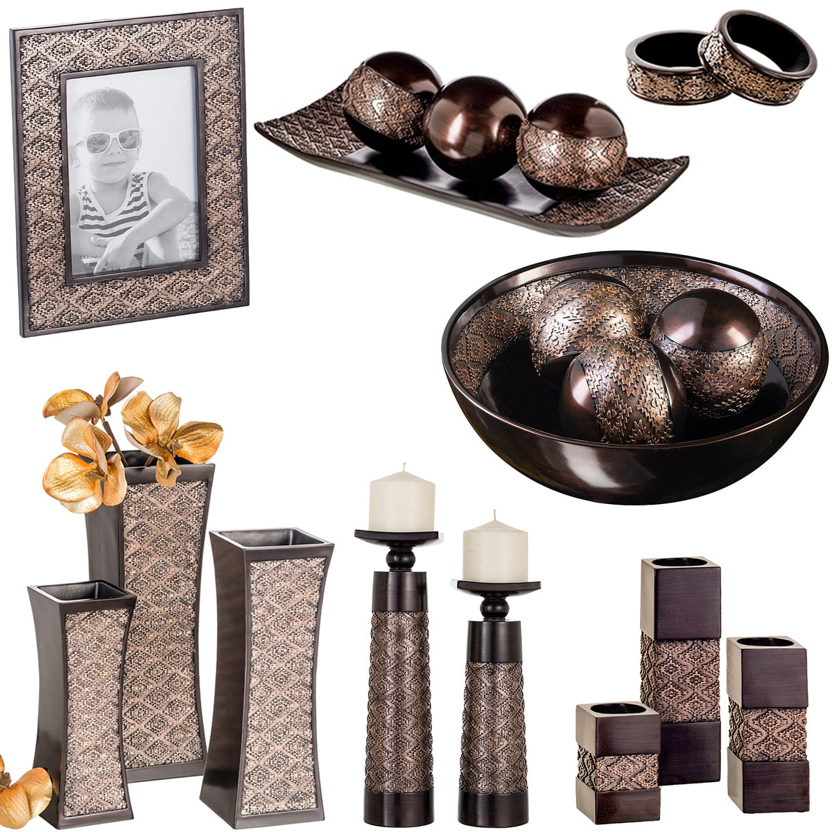 Creative Scents Dublin Brown Home Decor Tray with Orbs Set and Matching Candle Holder Set of 2 - Coffee Table Mantle Decor Centerpiece