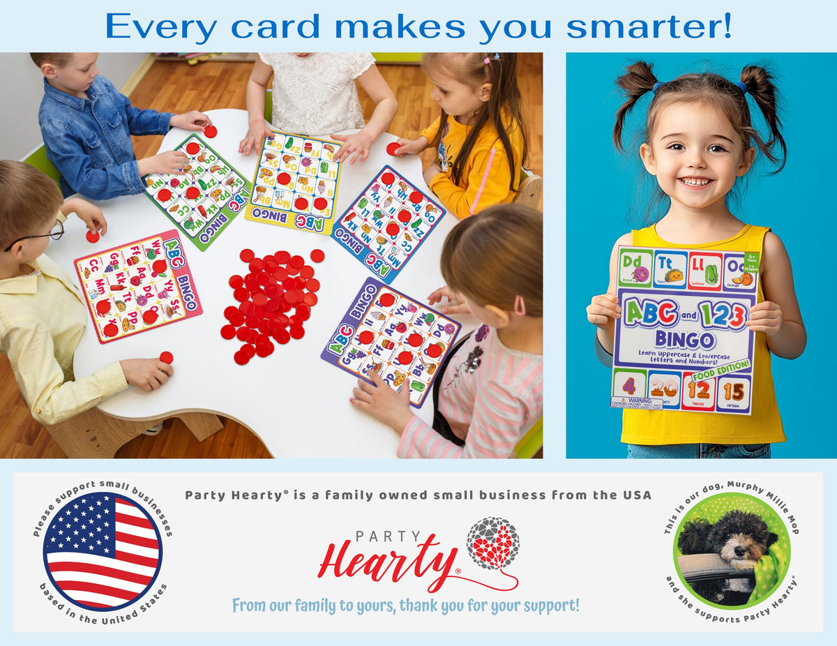 Party Hearty Alphabet and Number, ABC and 123 Bingo Board Game for Kindergarten and Preschool Kids Learn to Read Fun 2 Versions for Ages 4 and Up (Food Edition)