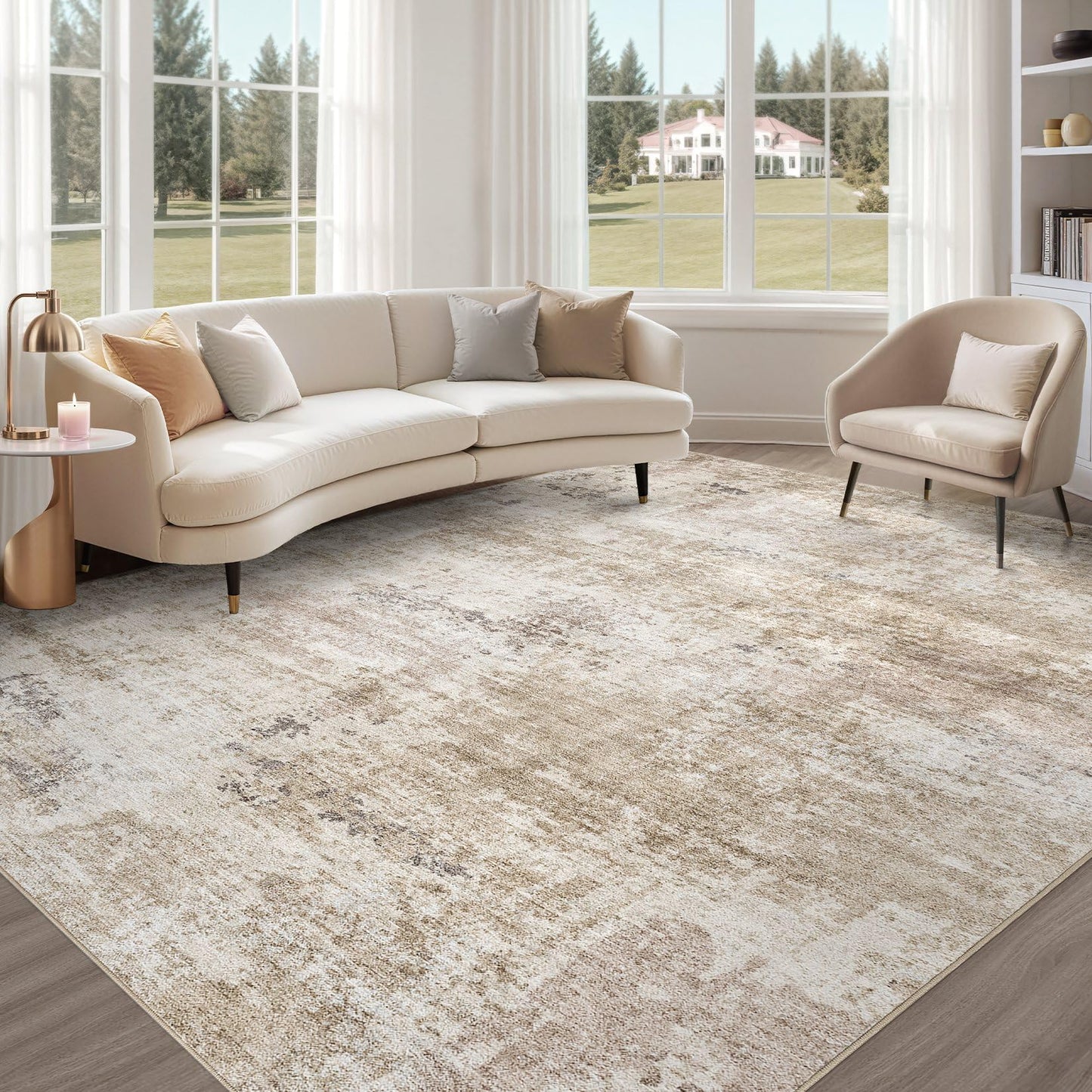 TARANCH Abstract 10x14 Area Rug: Machine Washable Non Slip Ultra Thin Low-Pile Carpet, Soft Stain Resistant for Living Dining Room Bedroom, Kid Pet Friendly, Robot Vacuum Compatible - Brown