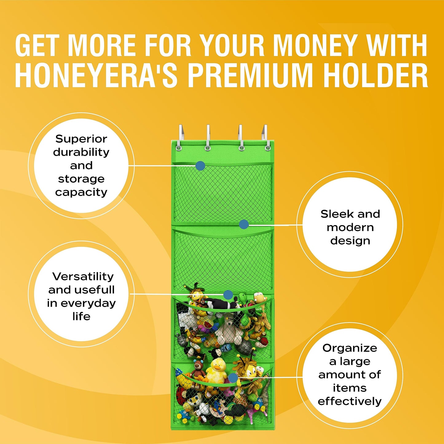 Honeyera Storage for Stuffed Animal - Over Door Organizer for Stuffies, Baby Accessories, and Toy Plush/Easy Installation with Breathable Hanging Pockets (Green)