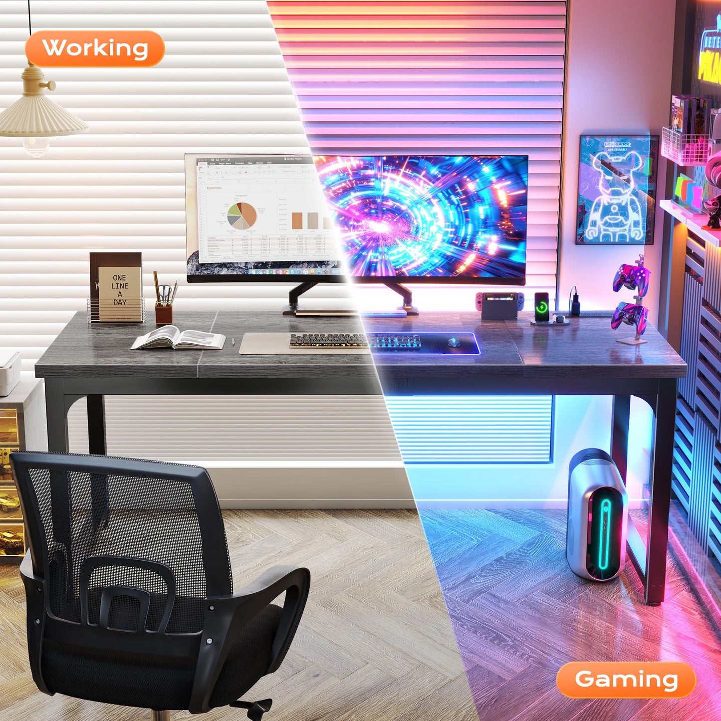 Huuger 63 x 24 inch Desk with Power Outlets & USB-C, Deeper & Thicker Desktop, Robust Metal Tubes, Computer Desk, Heavy Duty Office Desk, Work Gaming Desk, for Home Office, Grey