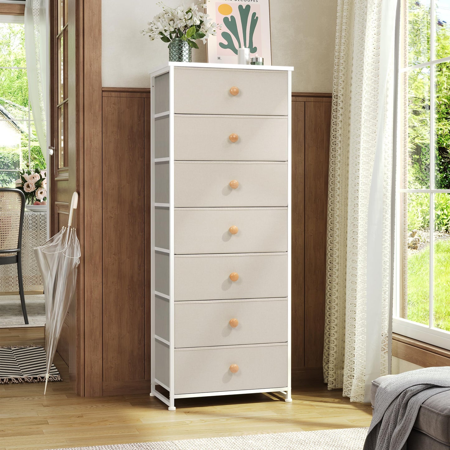 Crestlive Products Tall Dresser, 7-Drawer Fabric Storage Tower, Chests of Drawers - Vertical Organizer Unit for Bedroom, Hallway, Entryway, Nursery, Closets - Steel Frame, Wood Top & Handles (Beige)