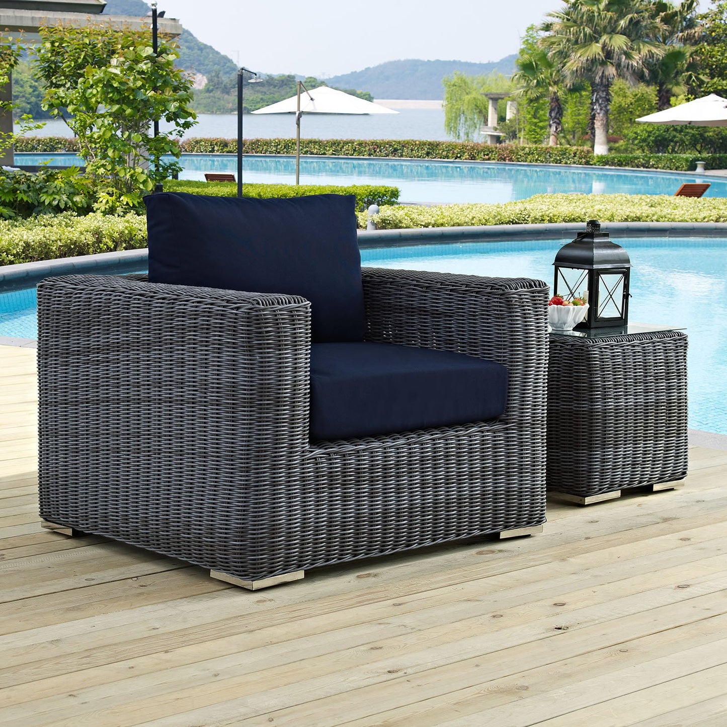 Modway EEI-1864-GRY-NAV Summon Wicker Rattan Outdoor Patio Armchair with Sunbrella Fabric Cushions, Canvas Navy