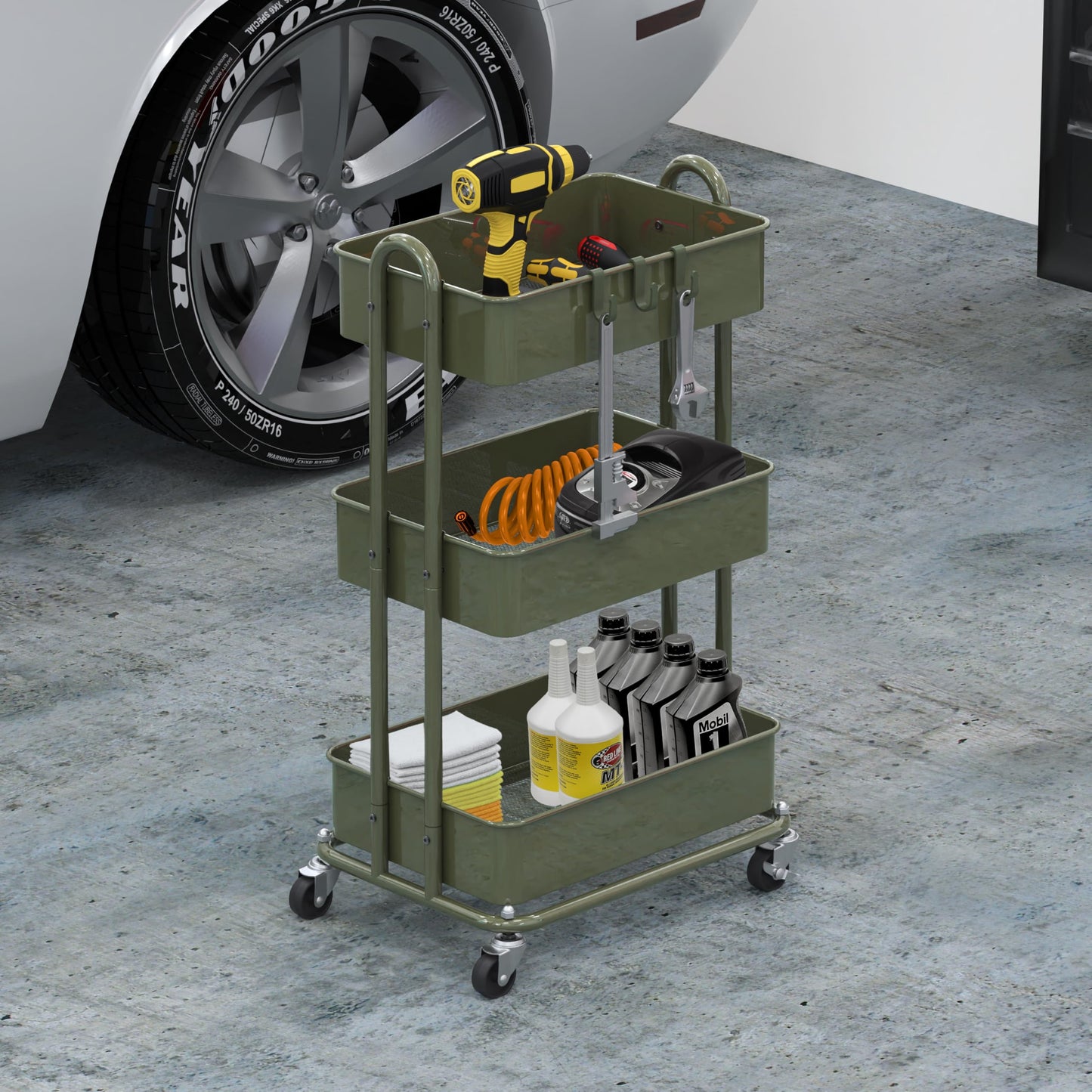 Simple Houseware 3-Tier Heavy Duty Metal Utility Rolling Cart, Army Green
