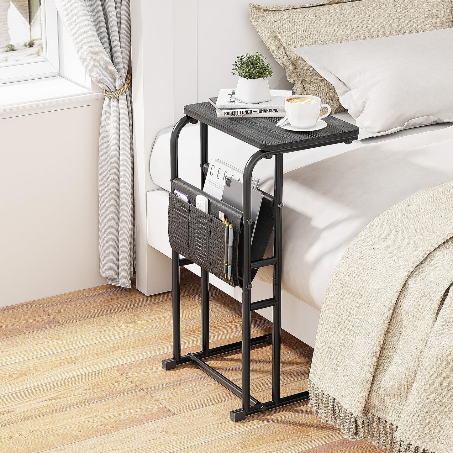 Olldide C-Shaped End Table with Storage Bag, Slide Under Couch Sofa Side Table, Metal Frame for Living Room, Bedroom, Bedside, Small Space (Black)