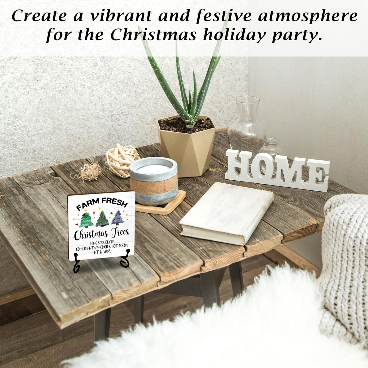 Cazhes Farmhouse Christmas Decor, Christmas Tree Sign Decorations for Home Bedroom, 5x5 Inches Wooden Xmas Decor with Iron Stand, Birthday New Year Gifts for Women-G04