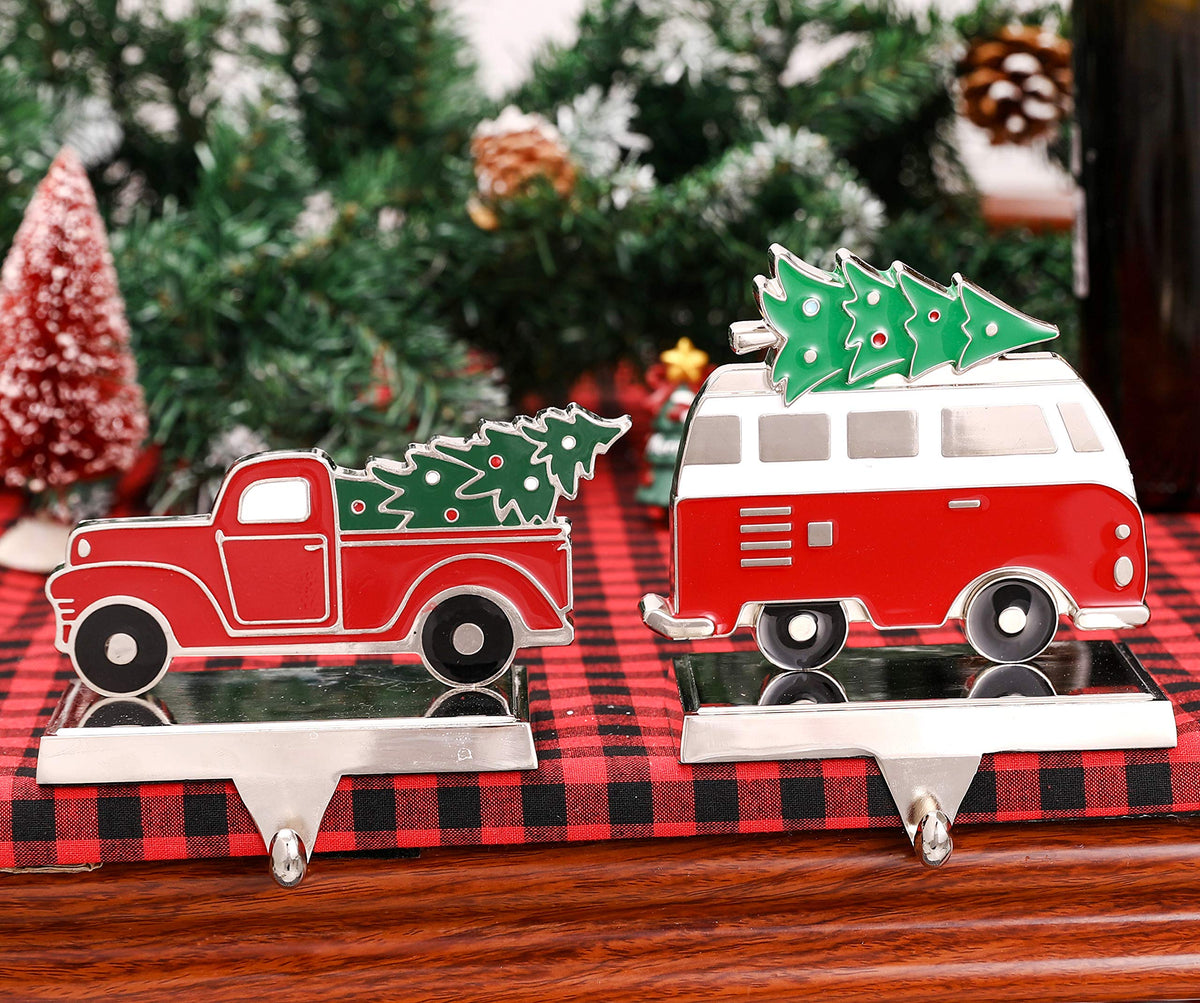 Yuokwer Set of 2 Christmas Stocking Holder for Mantel Christmas Decoration,Metal Red Truck with Christmas Tree Stocking Hangers for Fireplace Xmas Decoration Supplies (Truck)