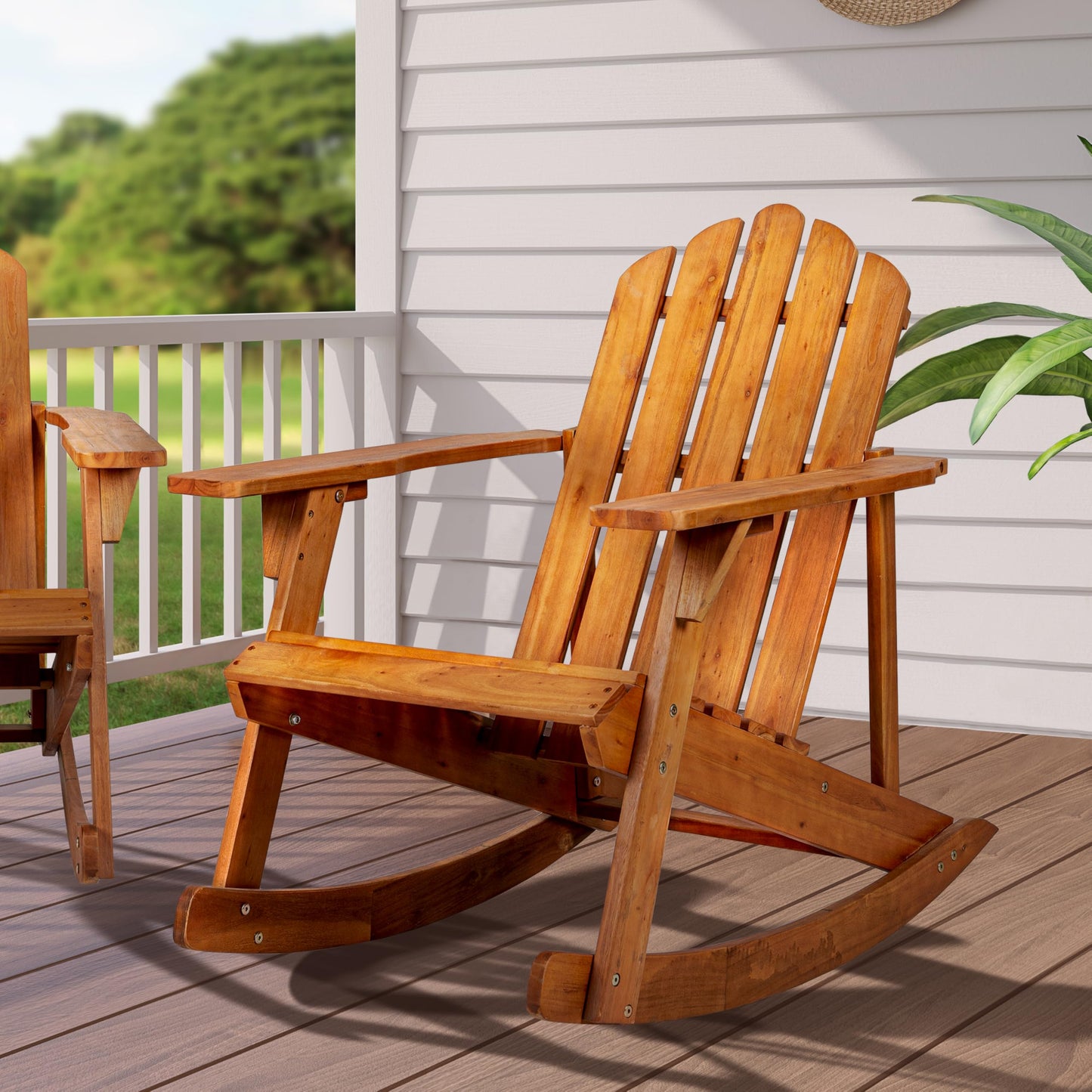 JONATHAN Y Kiawah Acacia Wood Adirondack Rocking Chair, Weather-Resistant Outdoor Slatted Rocker for Patio, Deck, Garden and Fire Pit, Solid Wood Lawn Seating, Light Brown PAT1000A