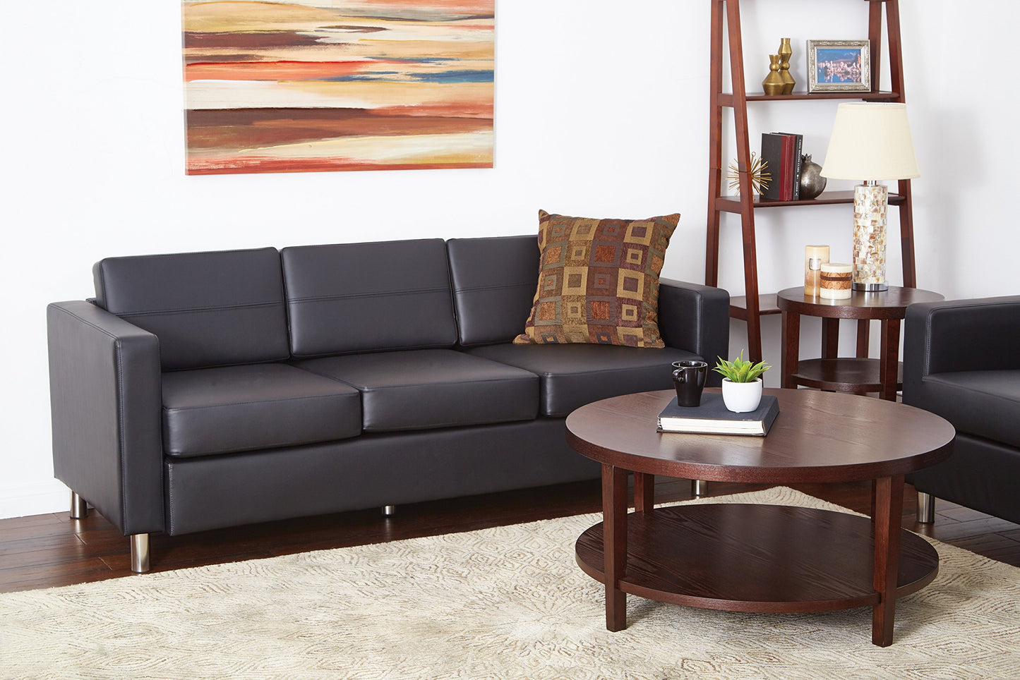 OSP Home Furnishings Pacific Sofa with Padded Box Spring Seats and Silver Finish Legs, Black Vinyl