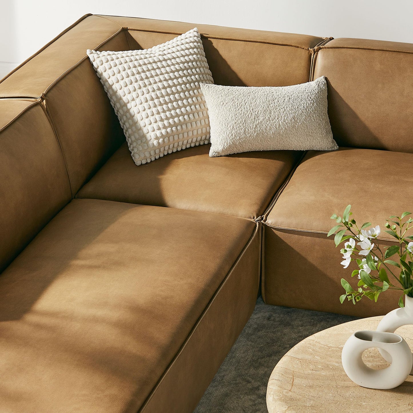 Modway Restore Faux Leather 6-Piece Modular U-Shaped Armless Sectional Sofa in Toast – Vegan Leather Couch with Left-Facing Chaise, Right-Facing Armless Chaise, and Two Armless Chairs