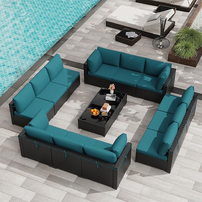 KIGOTY Patio Furniture Set, 14 Pieces Modular Outdoor Sectional Sofa, PE Rattan