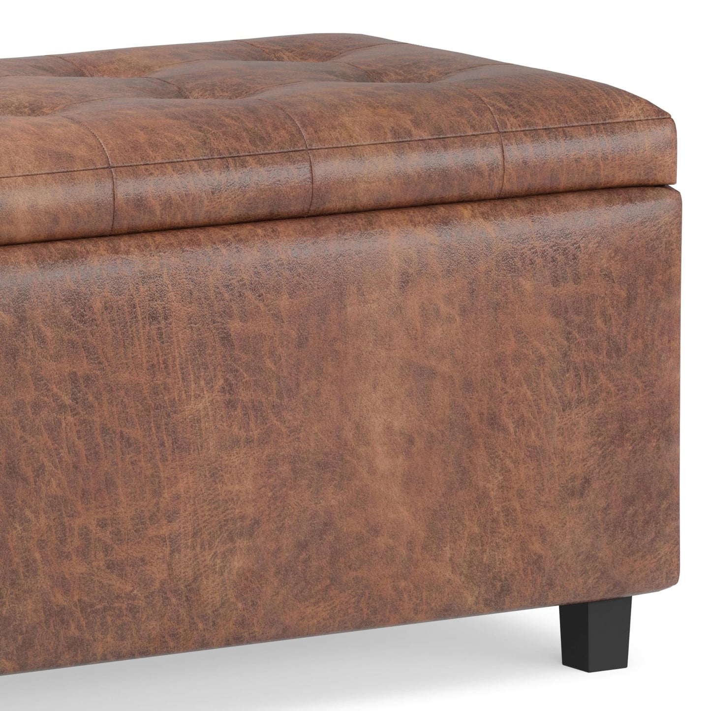 SIMPLIHOME Cosmopolitan Storage Ottoman - 34 inch Wide Upholstered Vegan Leather Rectangle Storage Ottoman Bench in Distressed Saddle Brown, Transitional Tufted Ottoman for Entryway with Lift-Up Lid