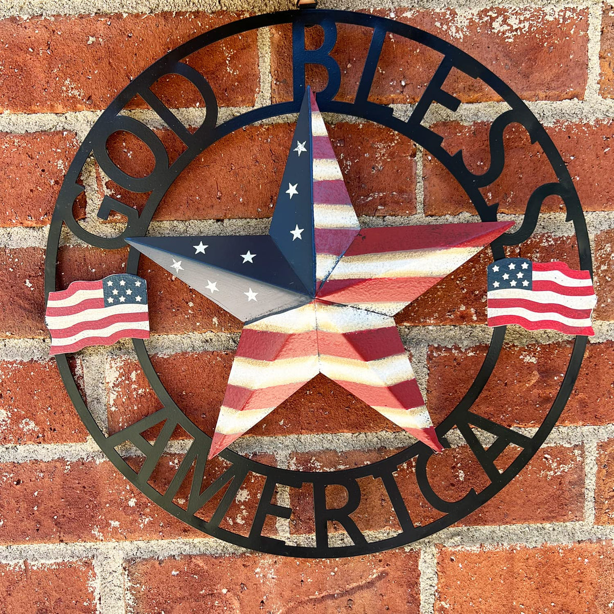 God Bless America USA Metal Star Hanging Welcome Home Signs Wall Decor 4th of July Patriotic Front Door Wreaths Hanger, Meta Flag Garden Fence Patio Front Porch Yard Indoor Outdoor Patriotic Decorations 13''H