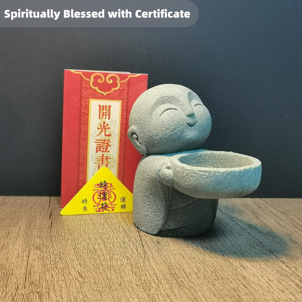 Zen Monk Incense Holder, Sandstone Ksitigarbha Statue for Mindfulness Meditation, Feng Shui Buddha Decor for Home Office, Cute Little Figurine as Candle/Tea Light Stand, Consecrated with Amulet