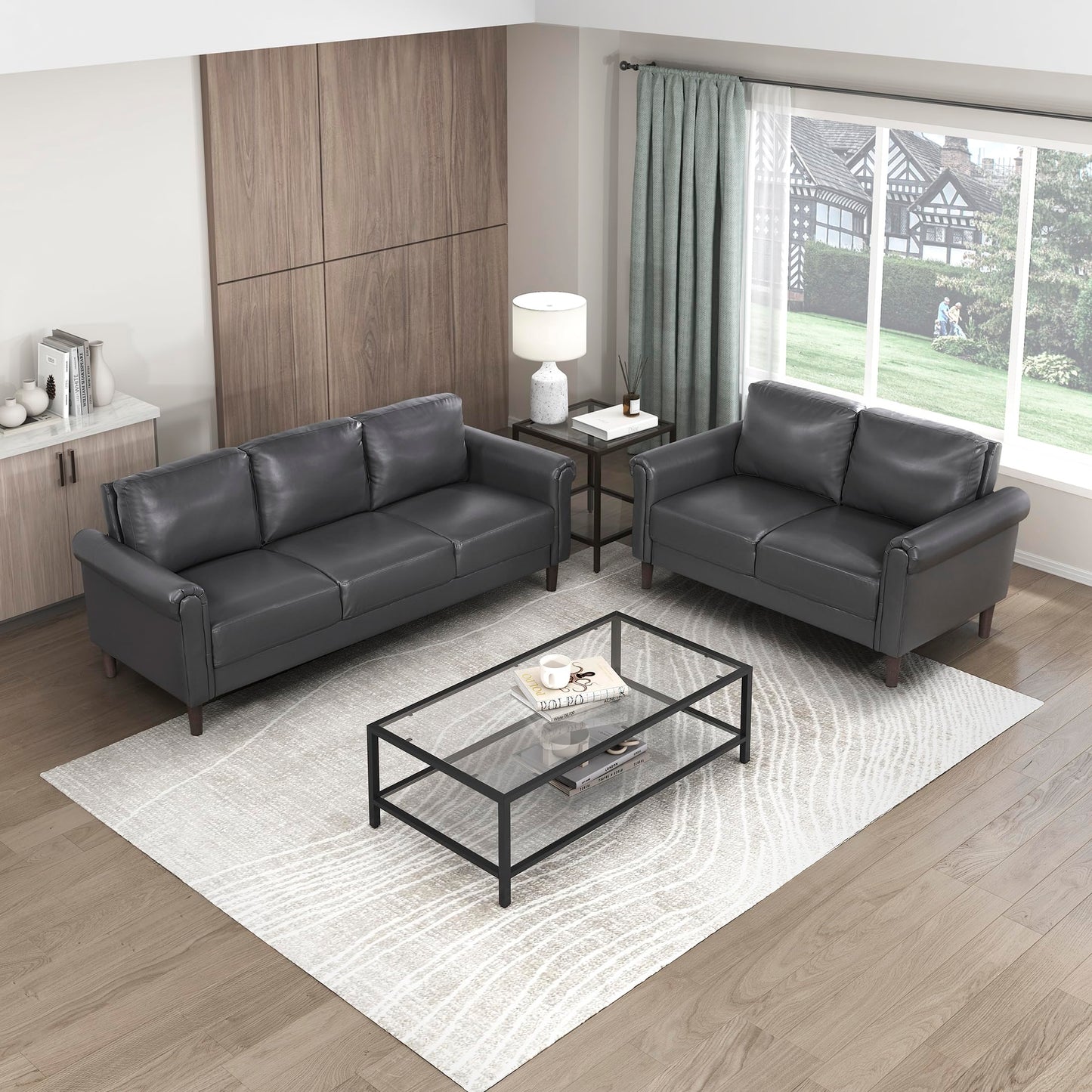 Lexicon Living Room Furniture Set, Modern Couches for Living Room, Faux Leather Upholstered Couch Set with Rolled Armrest, Including Sofa & Loveseat, 2-Piece Set, Dark Grey