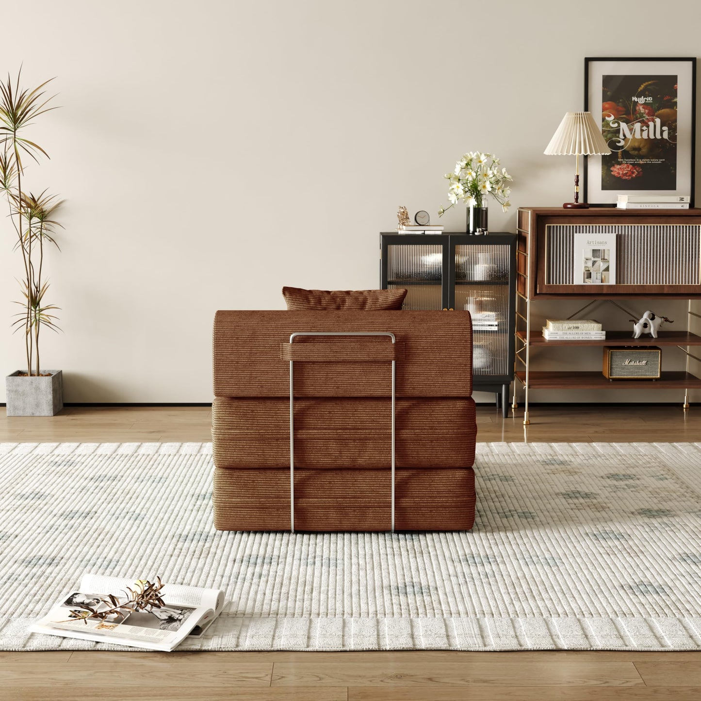 31.5'' Convertible Compressed Corduroy Folding Sofa Bed, Modern Boneless Pull Out Sleeper Sofa Couch in a Box, 3 in 1 Portable Lazy Floor Lounge Chair, No Assembly Needed, Caramel, Pillow, Single
