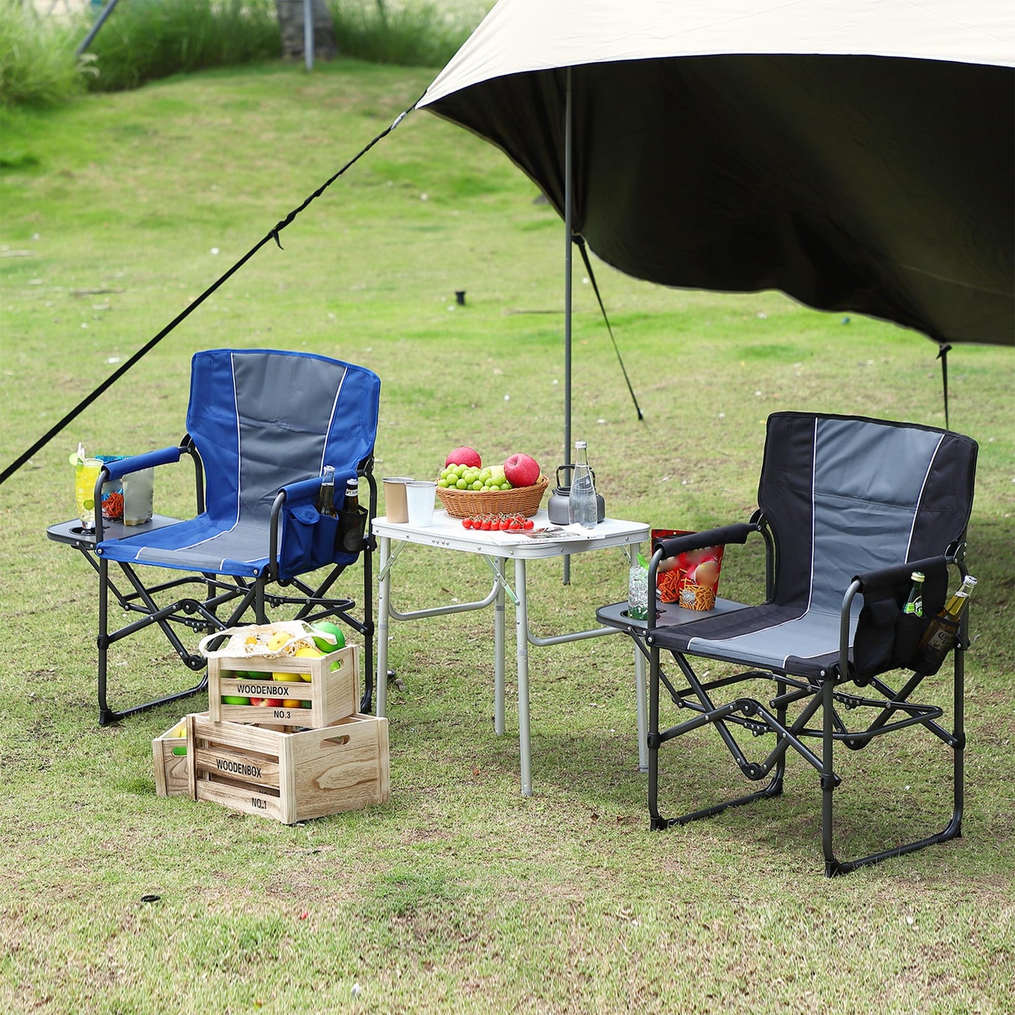 Oversized Camping Directors Chair, Portable Folding Lawn Chairs for Adults Heavy Duty with Side Table, Outdoor Foldable Camp Chair with Pocket for Beach, Fishing,Picnic (2, Blue/Grey, Oversized)