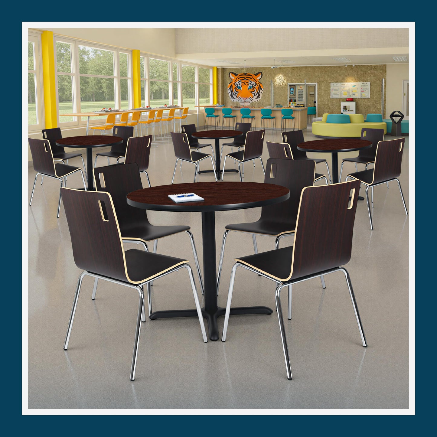 OEF Furnishings OEFCT13636XDMY Premium Commercial-Grade Restaurant and Breakroom Cafe Table (Round, 36 in Diameter, 30 in Dining Height, X-Base, Black Frame, Mahogany Laminate)